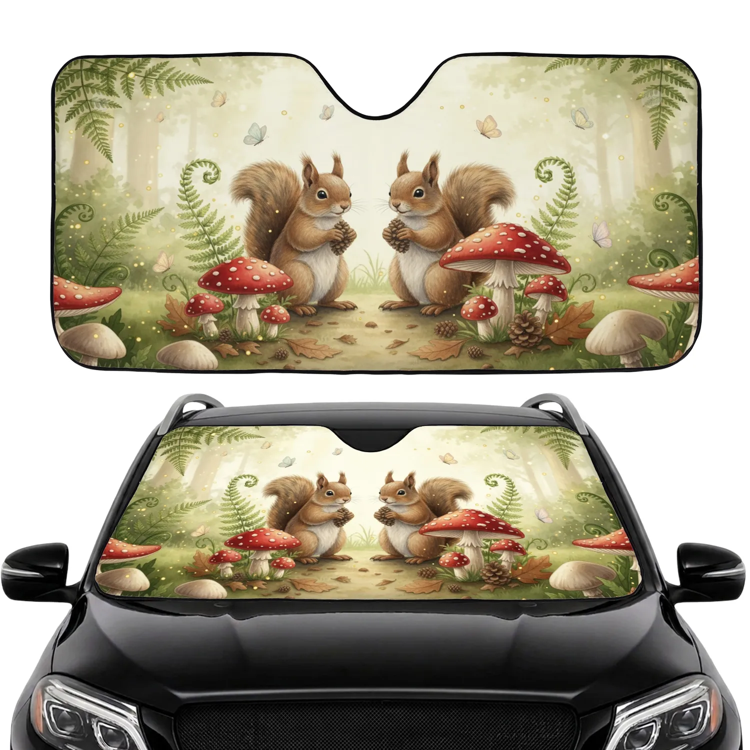Fluffy Squirrels Fly Agaric Mushrooms Fern Butterflies Forest - Wildlife Lover Gift Car Sunshade - 1