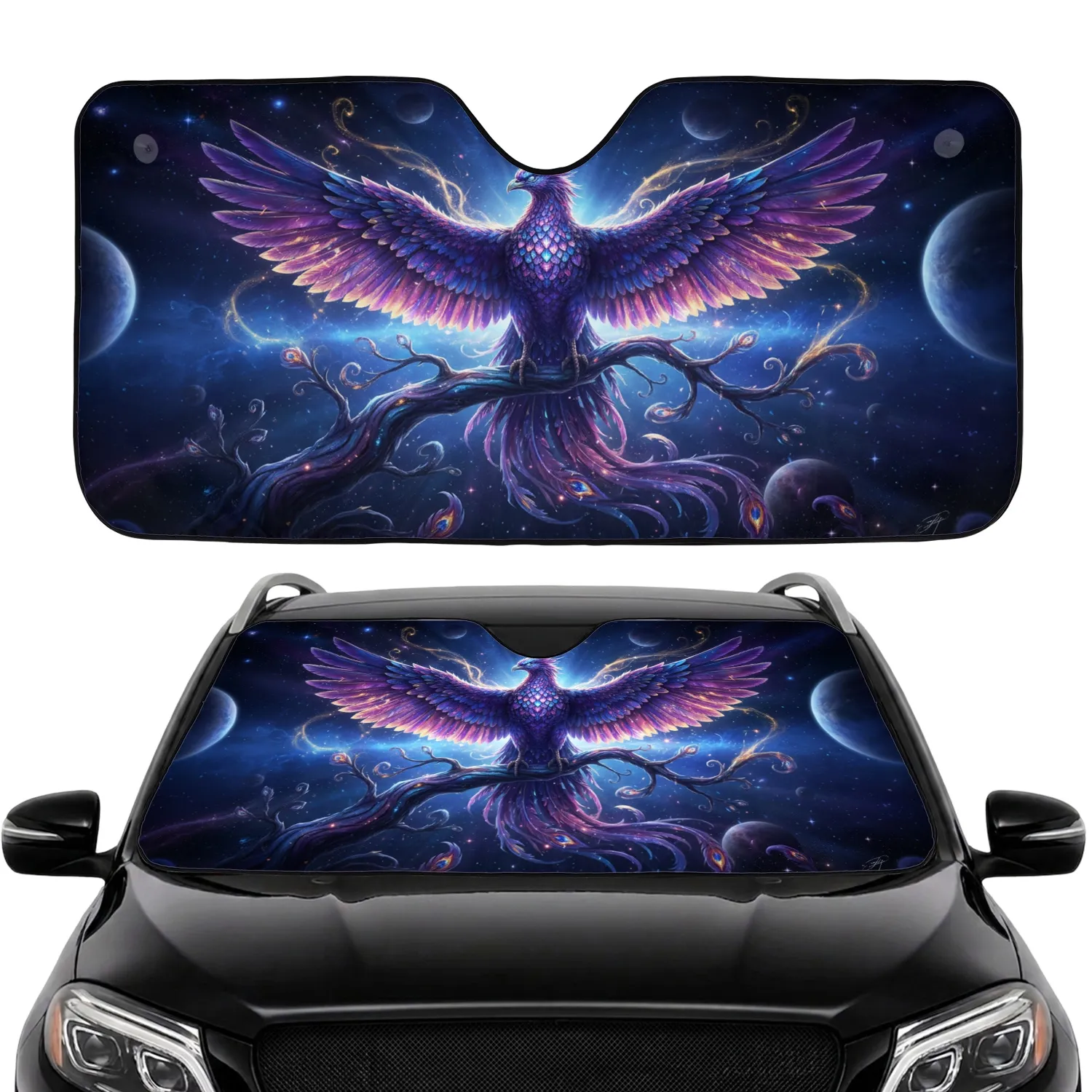 Majestic Fantasy Phoenix Outstretched Wings Cosmic Nebula Stardust Planets - Sci-Fi Fantasy Lover Gift Car Sunshade - 1