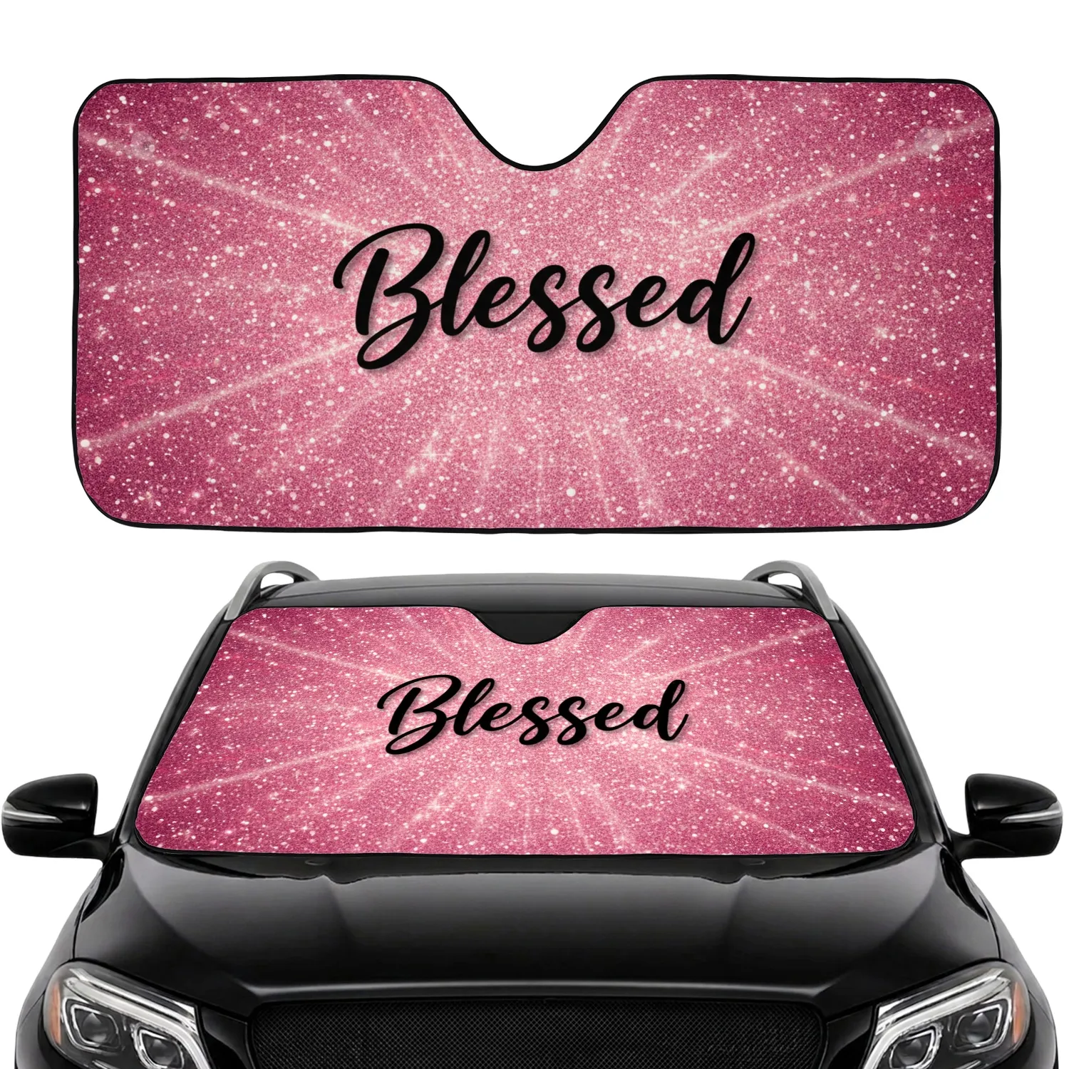 Elegant Blessed Script Shimmering Pink Glitter - Faith Inspiration Gift Car Sunshade - 1