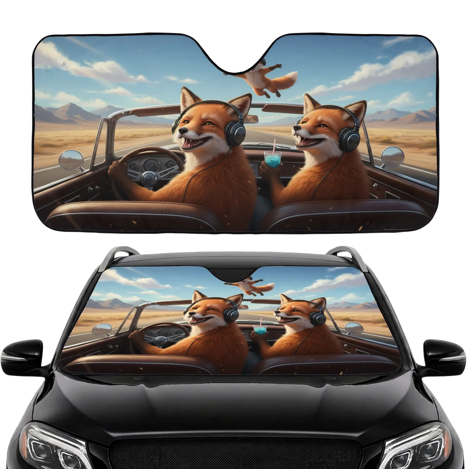Red Foxes Driving Headphones Desert Highway - Open Road Adventure Gift Car Sunshade - 1