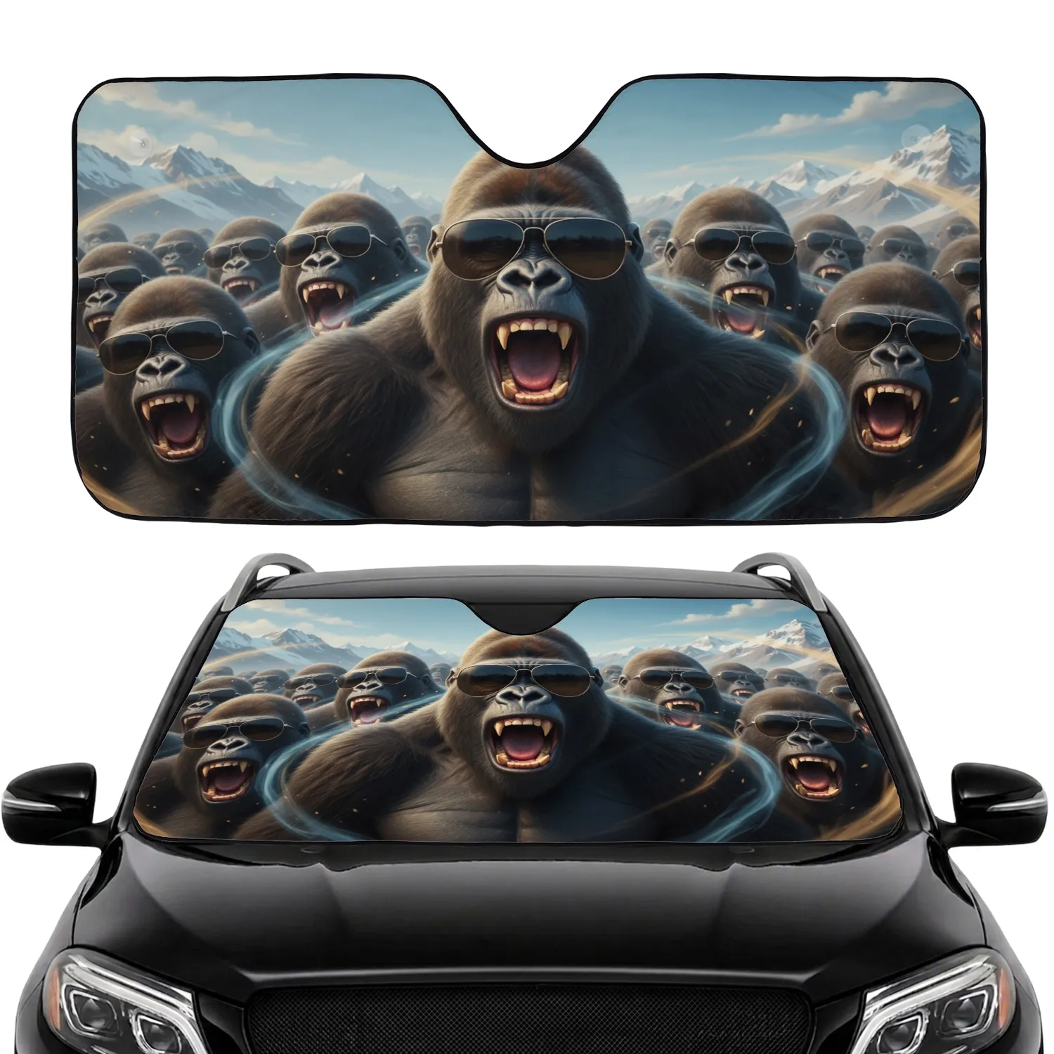 Joyful Gorillas with Sunglasses Mountain Range Wildlife Lover Gift Car Sunshade - 1