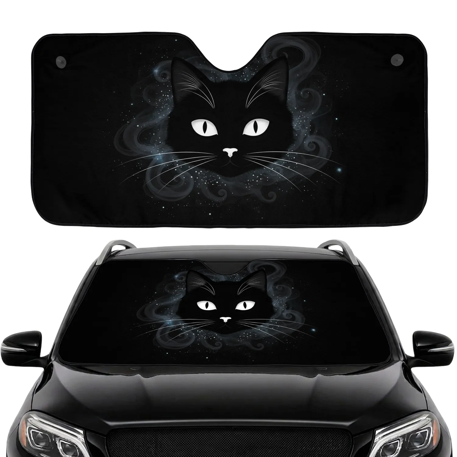 Black Cat Crescent Eyes Cosmic Smoke Stardust - Nocturnal Animal Lover Gift Car Sunshade - 1