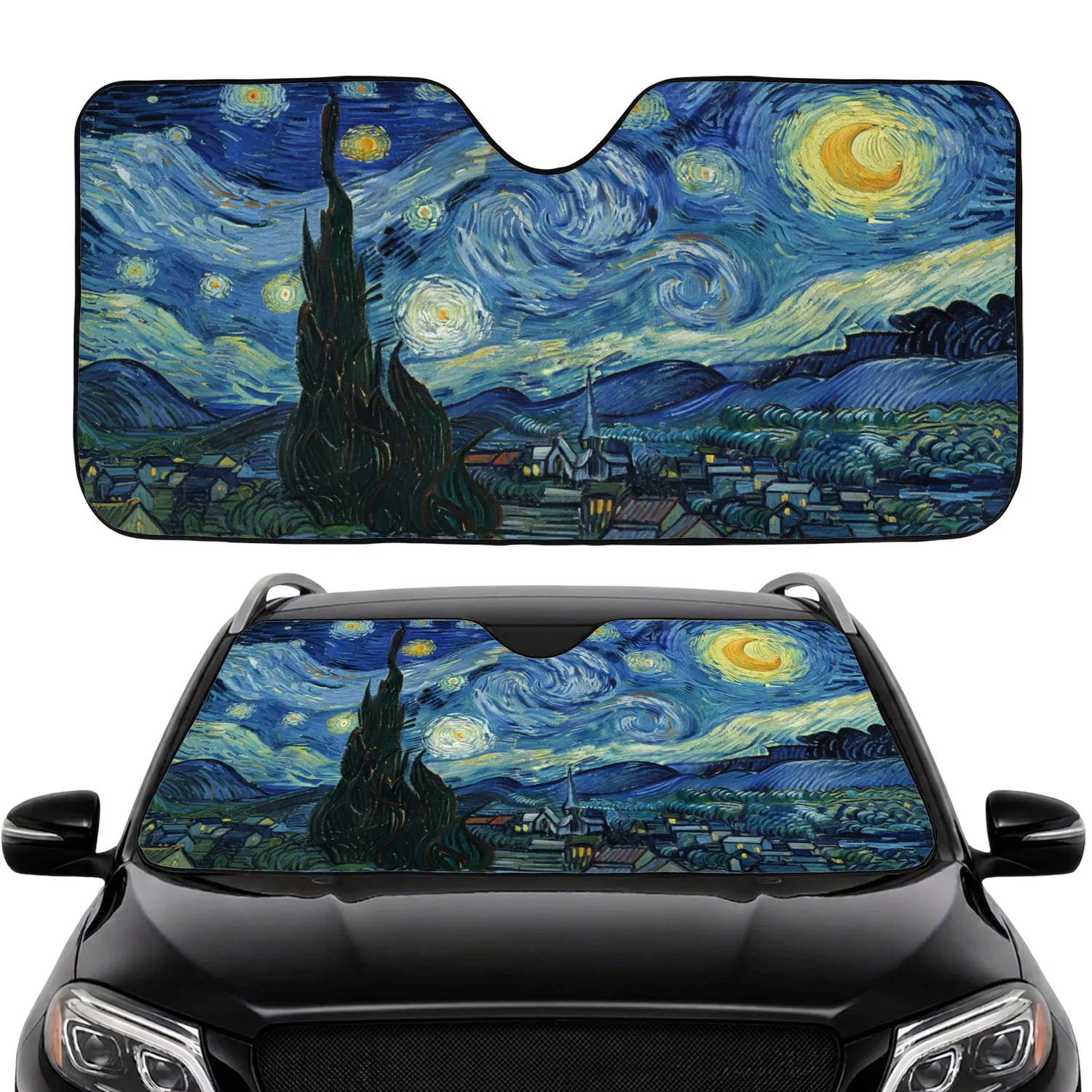 Cypress Tree Village Starry Night Sky Celestial Landscape - Post-Impressionist Art Collector Home Gift Car Sunshade - 1