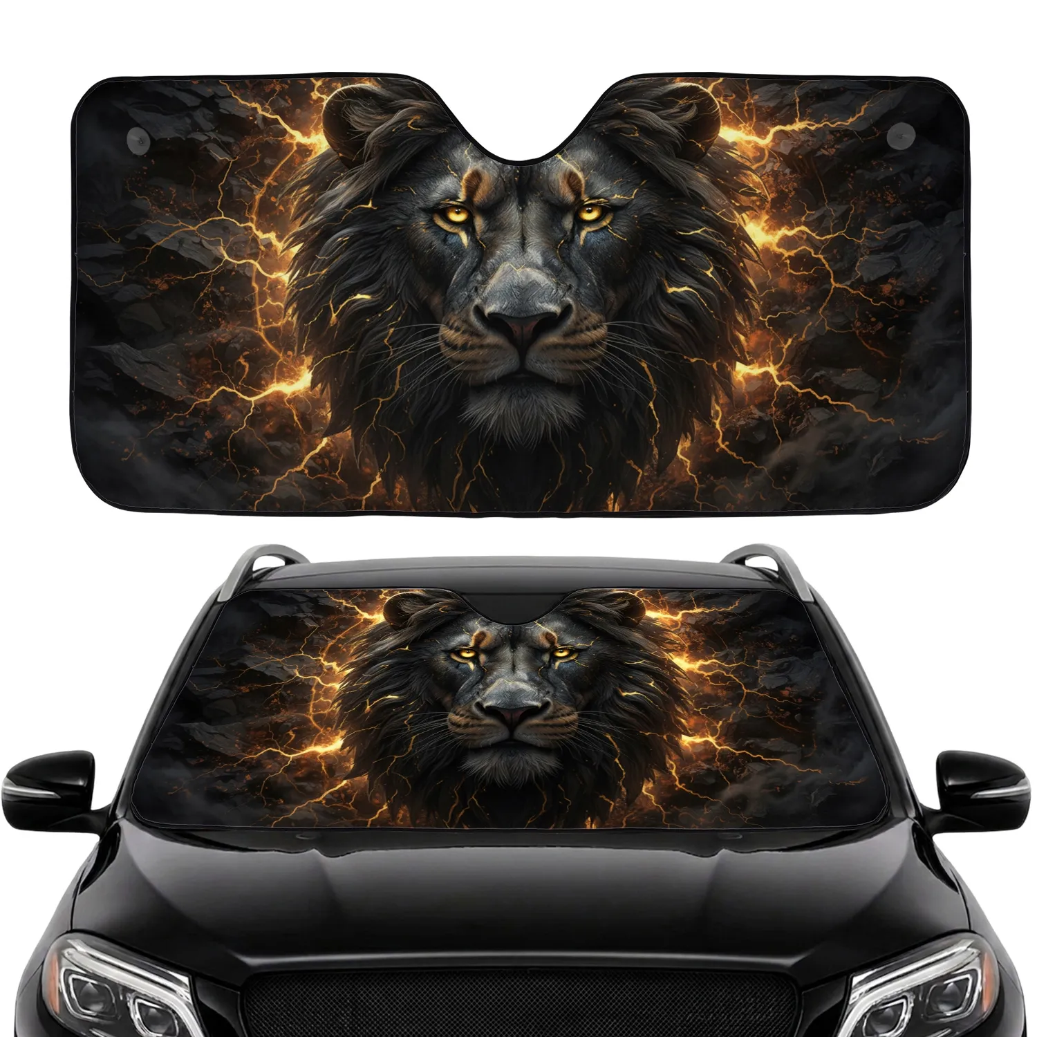 Formidable Obsidian Stone Lion Head Glowing Gold Eyes Molten Veins - Wildlife Lover Gift Car Sunshade - 1