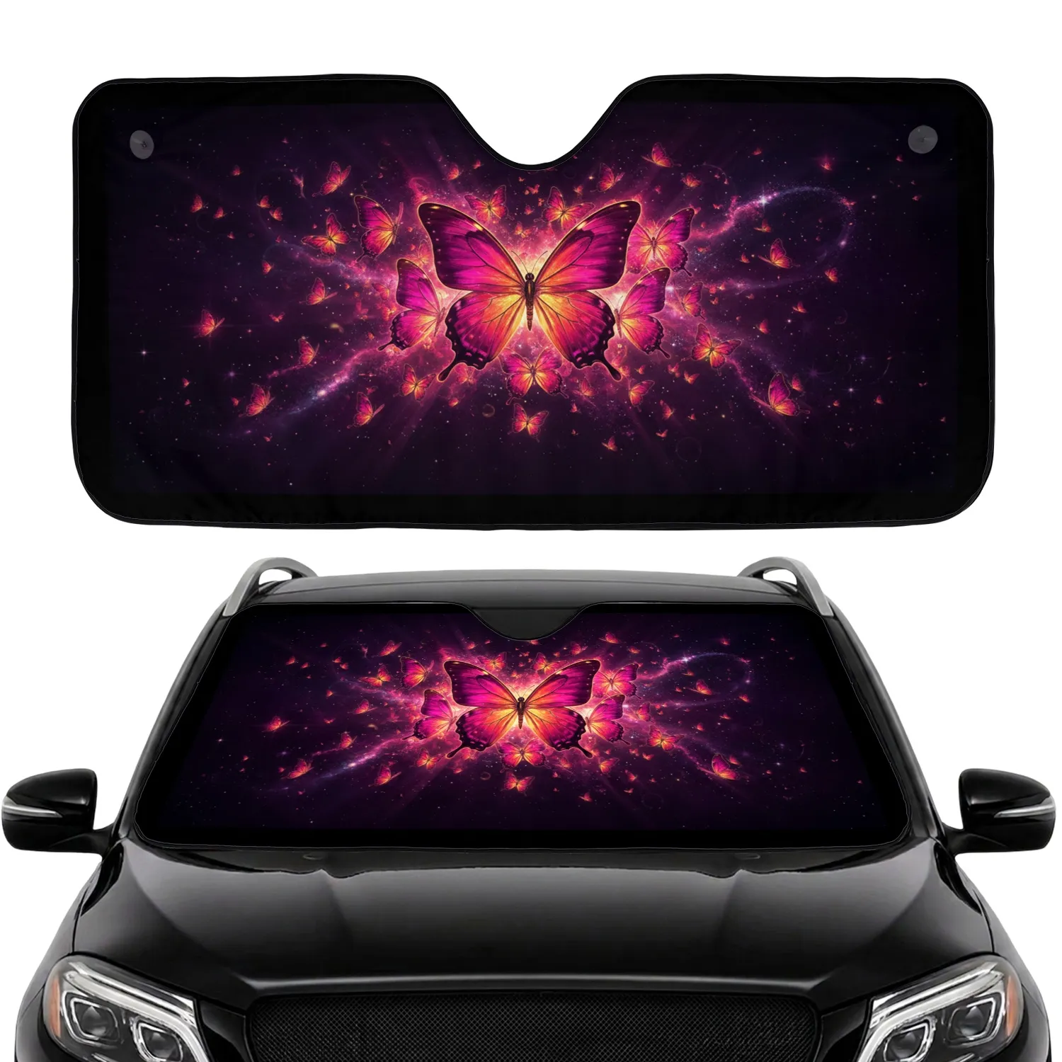 Luminous Magenta Butterflies Golden Cosmic Sky Stardust - Fantasy Lover Home Decor Gift Car Sunshade - 1