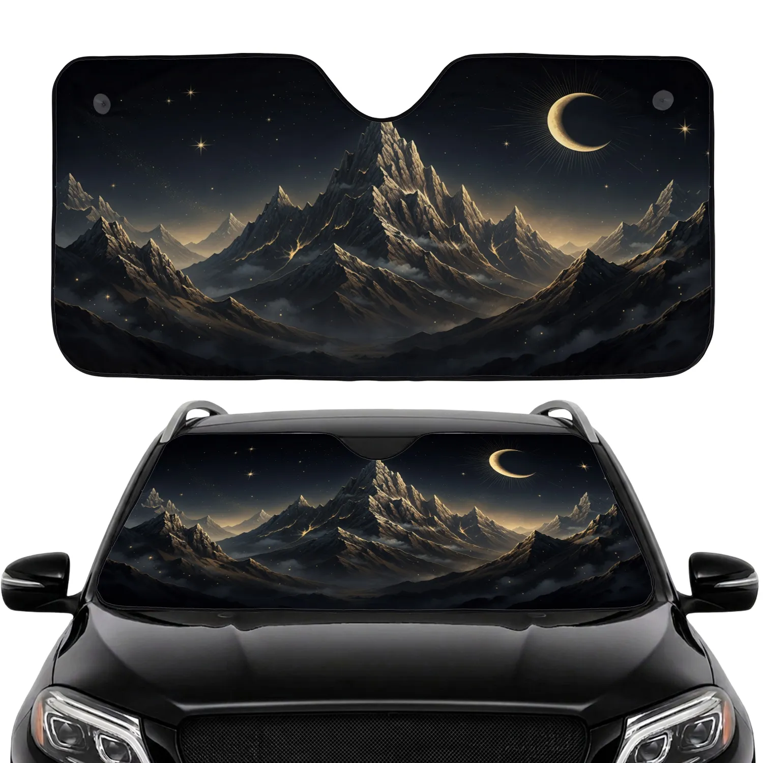 Majestic Mountain Golden Glow Crescent Moon Stars Midnight Sky - Nature Lover Gift Car Sunshade - 1