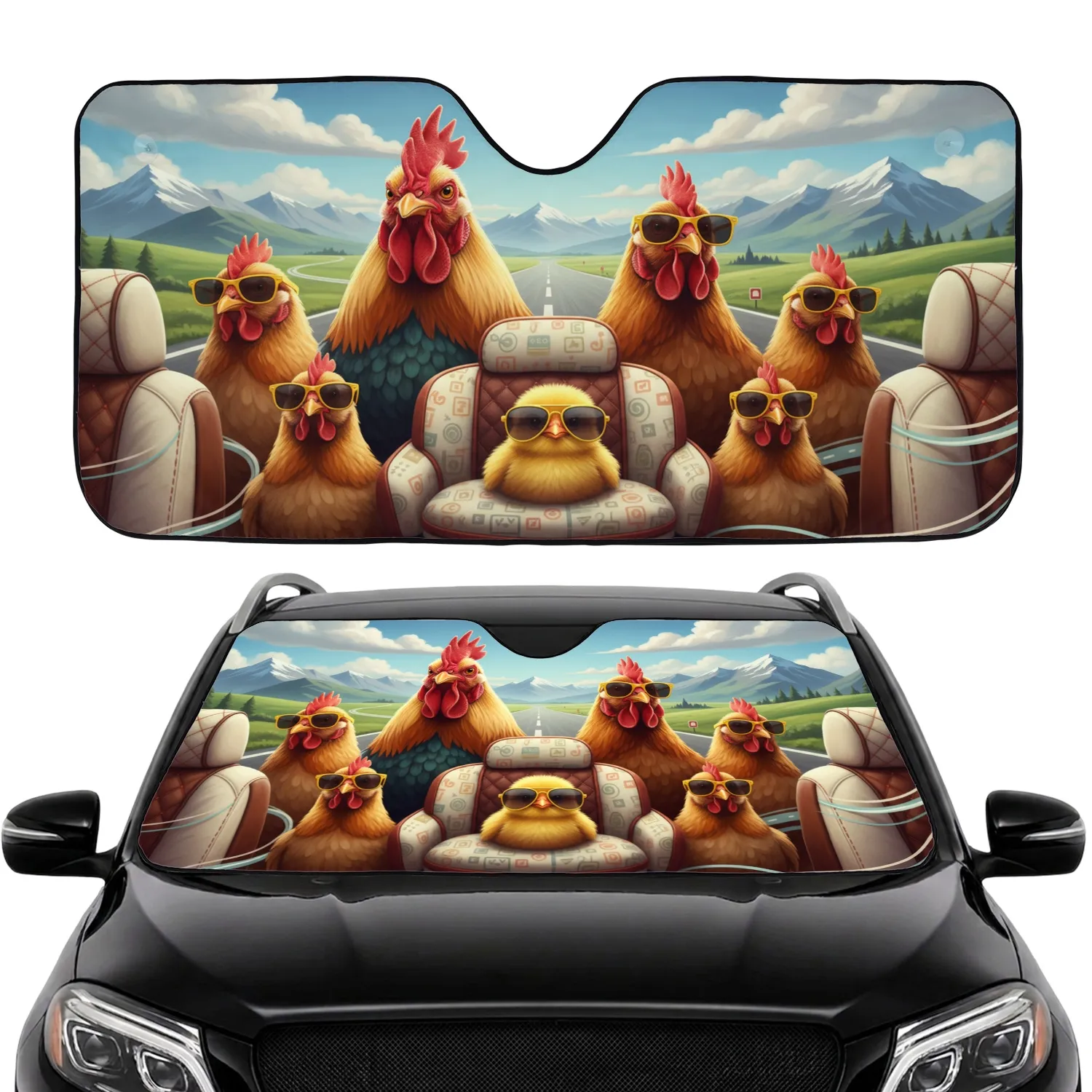 Chicken Family Road Trip Adventure - Travel Essentials Gift Car Sunshade - 1