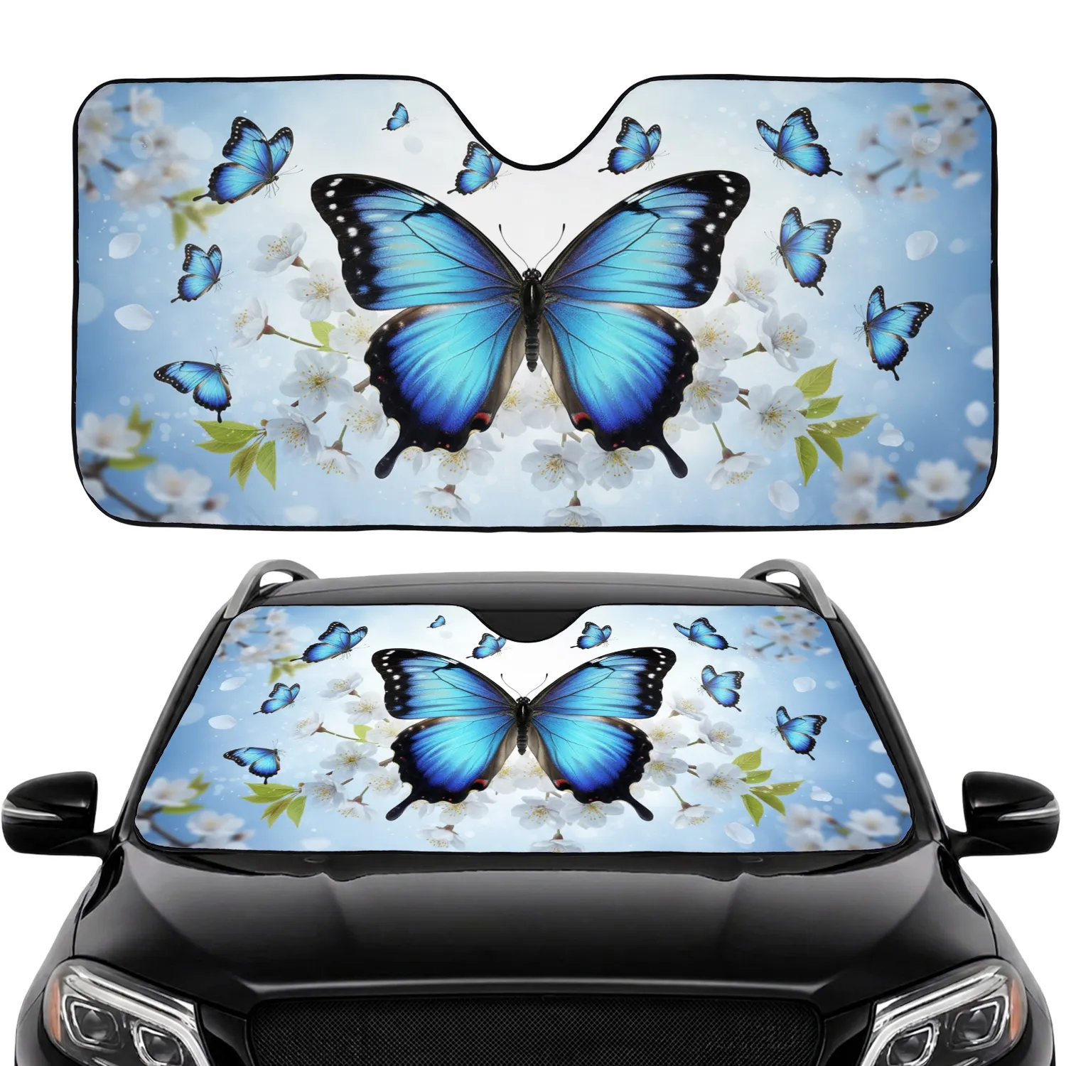 Blue Morpho Butterfly Cherry Blossom - Wildlife Lover Gift Car Sunshade - 1