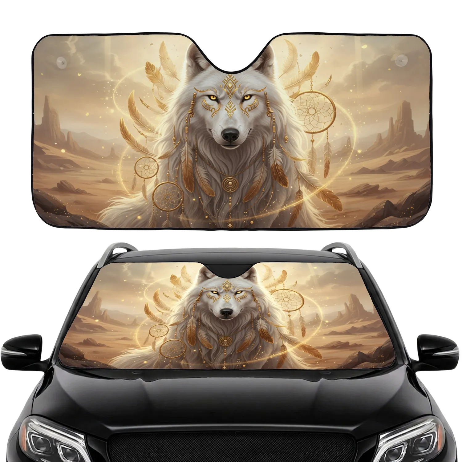 White Wolf Golden Tribal Dreamcatcher Desert Feathers - Wildlife Lover Gift Car Sunshade - 1