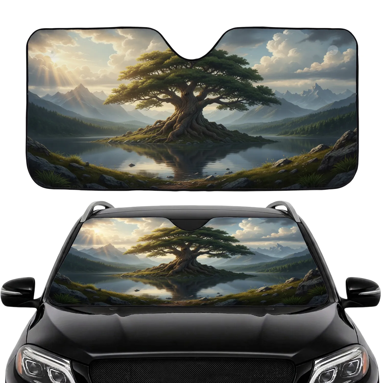 Solitary Ancient Tree Serene Lake Mountain Landscape Golden Sunbeams - Nature Lover Gift Car Sunshade - 1