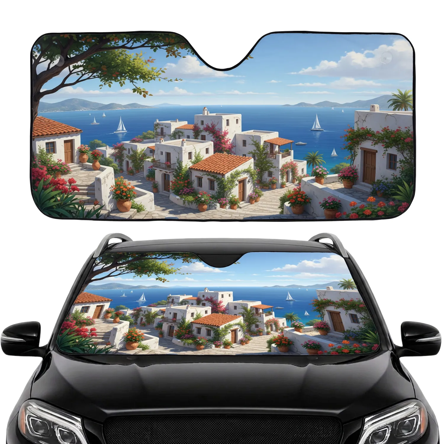 Mediterranean Coastal Village White-Sailed Boats Autumn Leaves - Travel Essentials Car Sunshade - 1