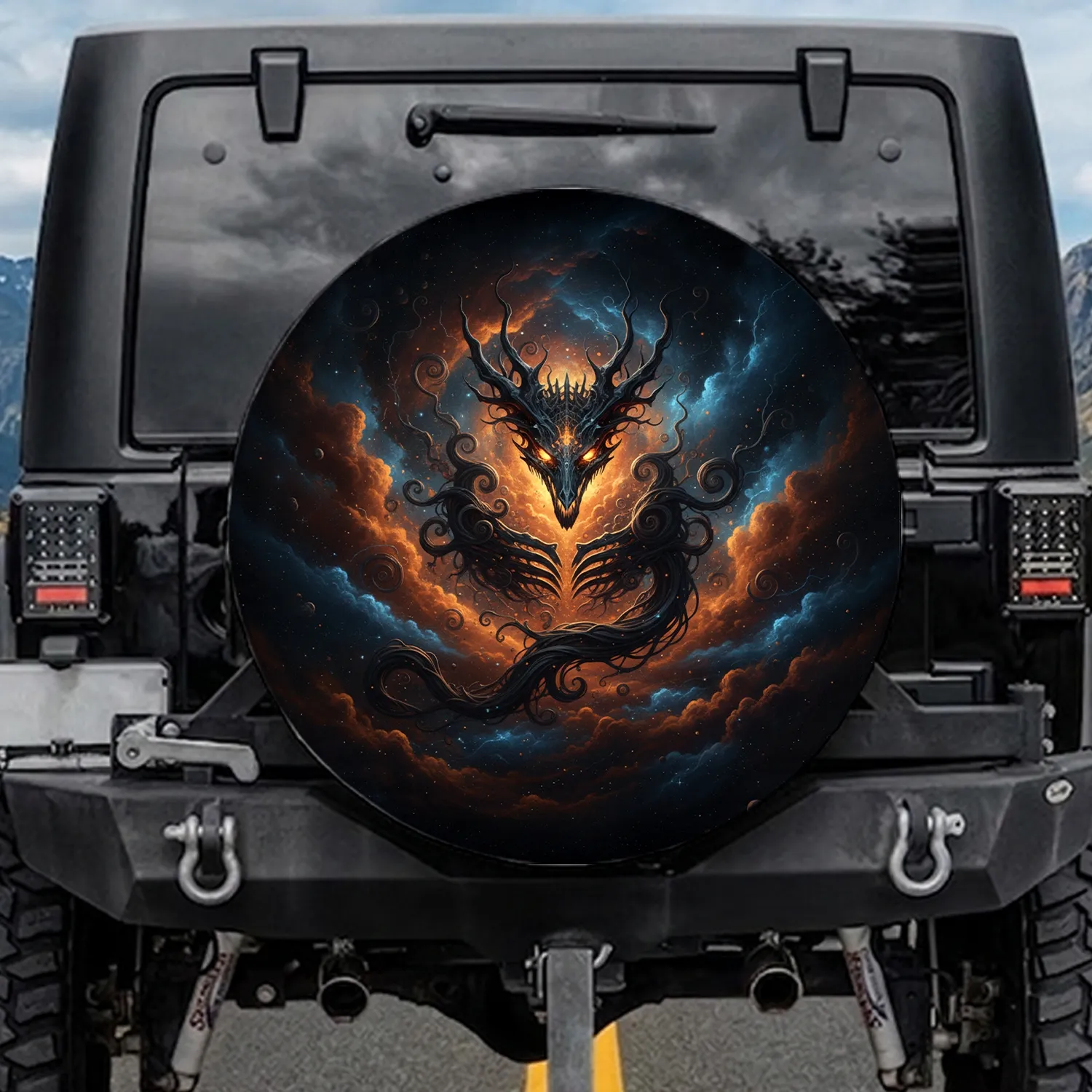 Skeletal Draconic Cosmic Entity Swirling Nebulae Stars - Space Lover Gift Spare Tire Cover - 1