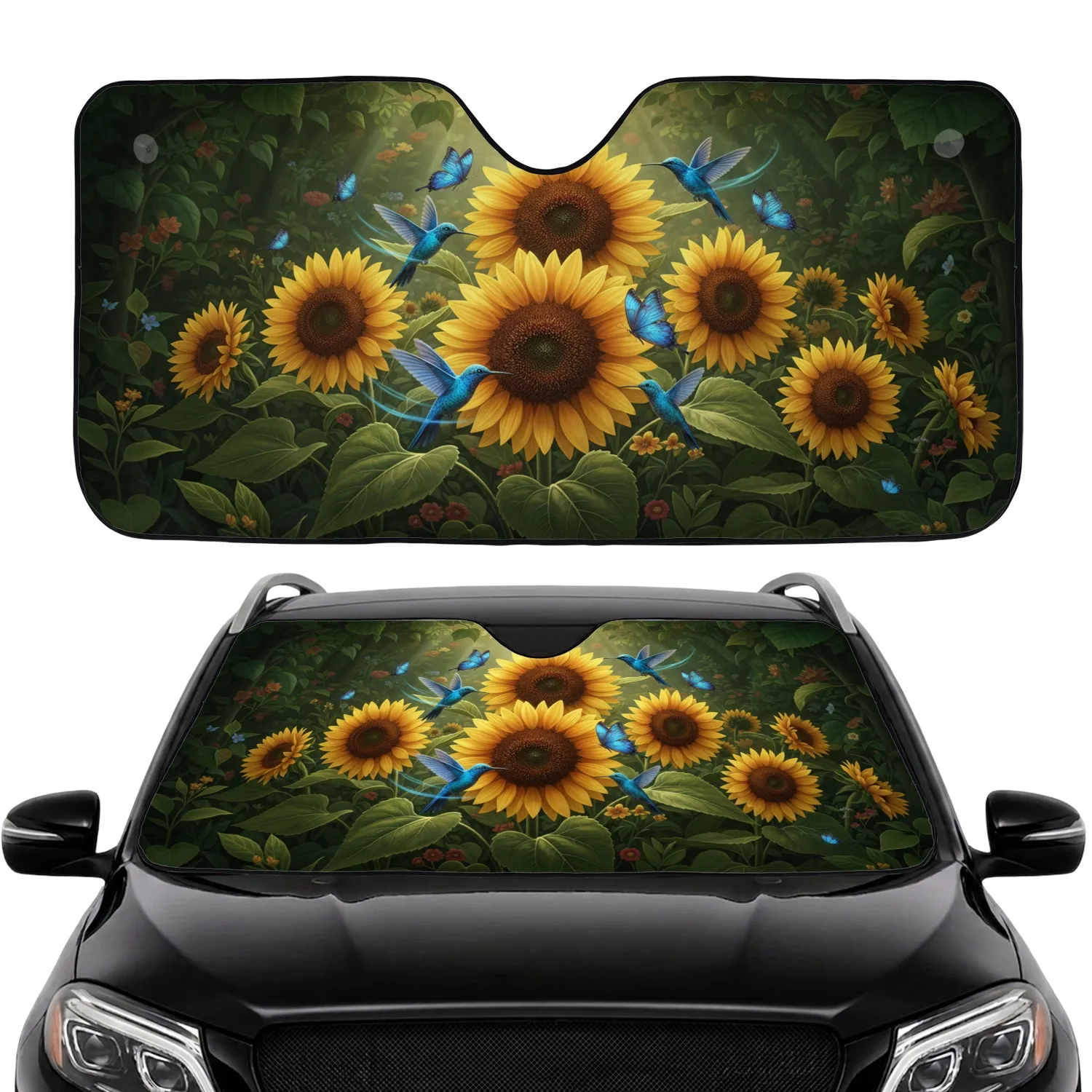 Golden Sunflowers Blue Hummingbirds Butterflies Lush Deep Green Foliage - Nature Lover Gift Car Sunshade - 1