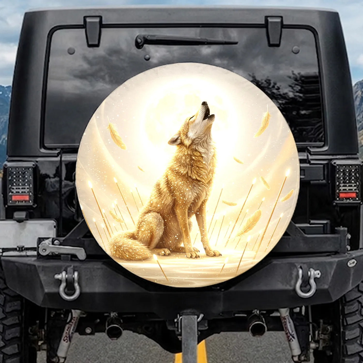 Sparkling Golden Wolf Howling Moon Feathers - Fantasy Lover Gift Spare Tire Cover - 1