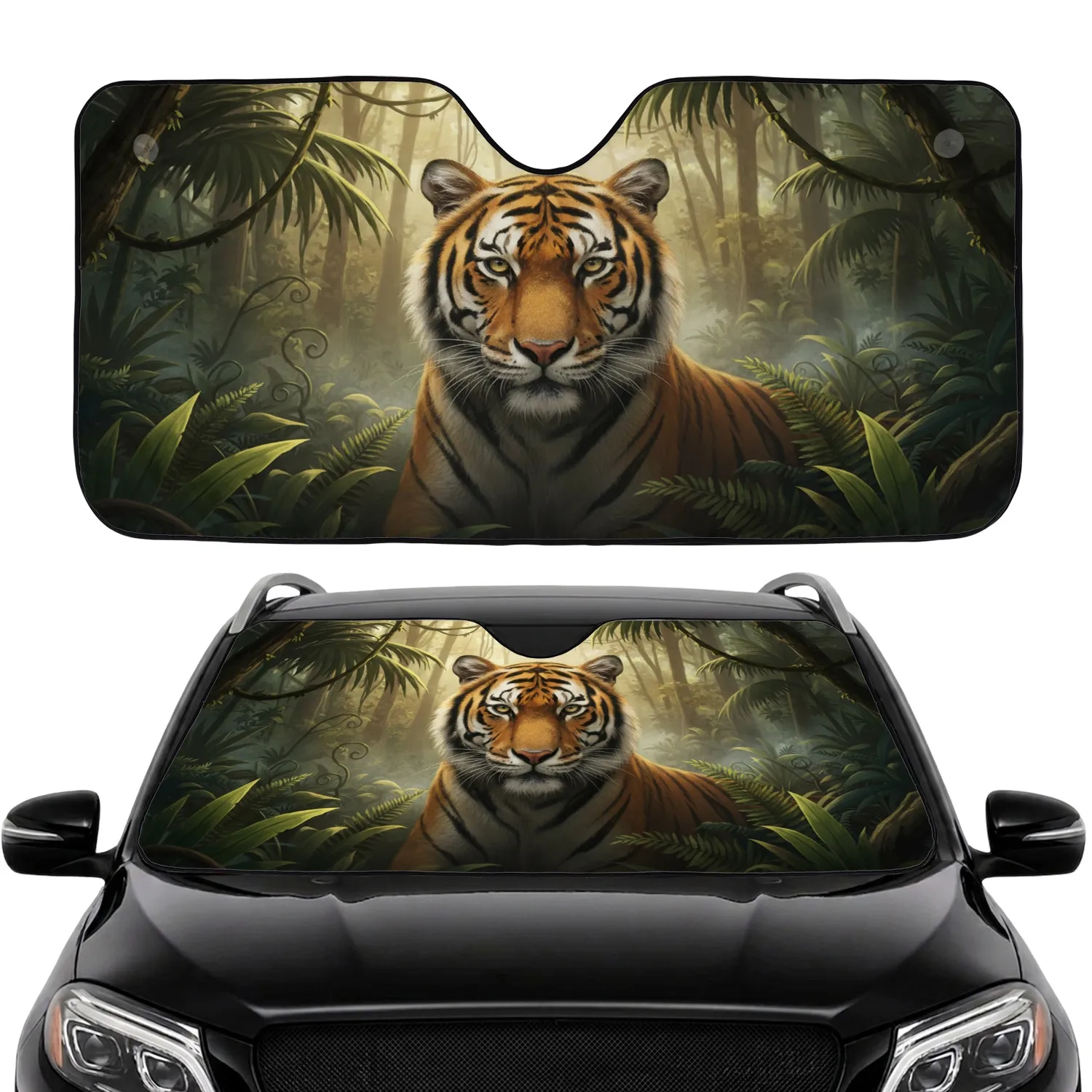 Powerful Bengal Tiger Intense Gaze Lush Jungle Forest Dappled Sunlight - Wildlife Lover Gift Car Sunshade - 1