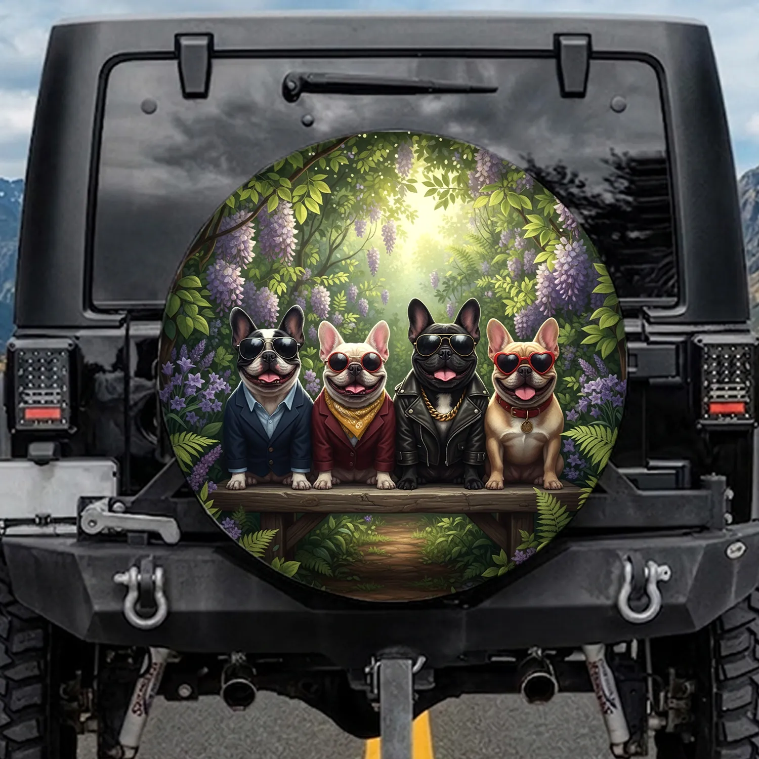 Happy French Bulldogs in Stylish Outfits - French Bulldog Lover Gift Spare Tire Cover - 1