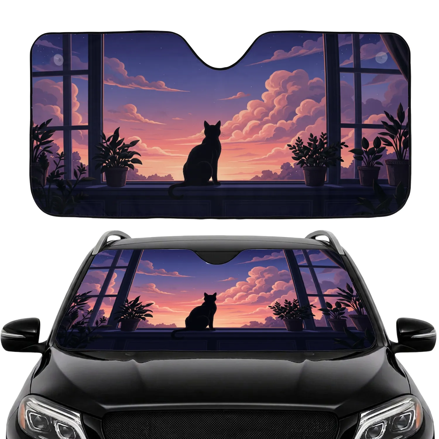Black Cat Window Ledge Twilight Sky - Home Decor Cat Lover Gift Car Sunshade - 1
