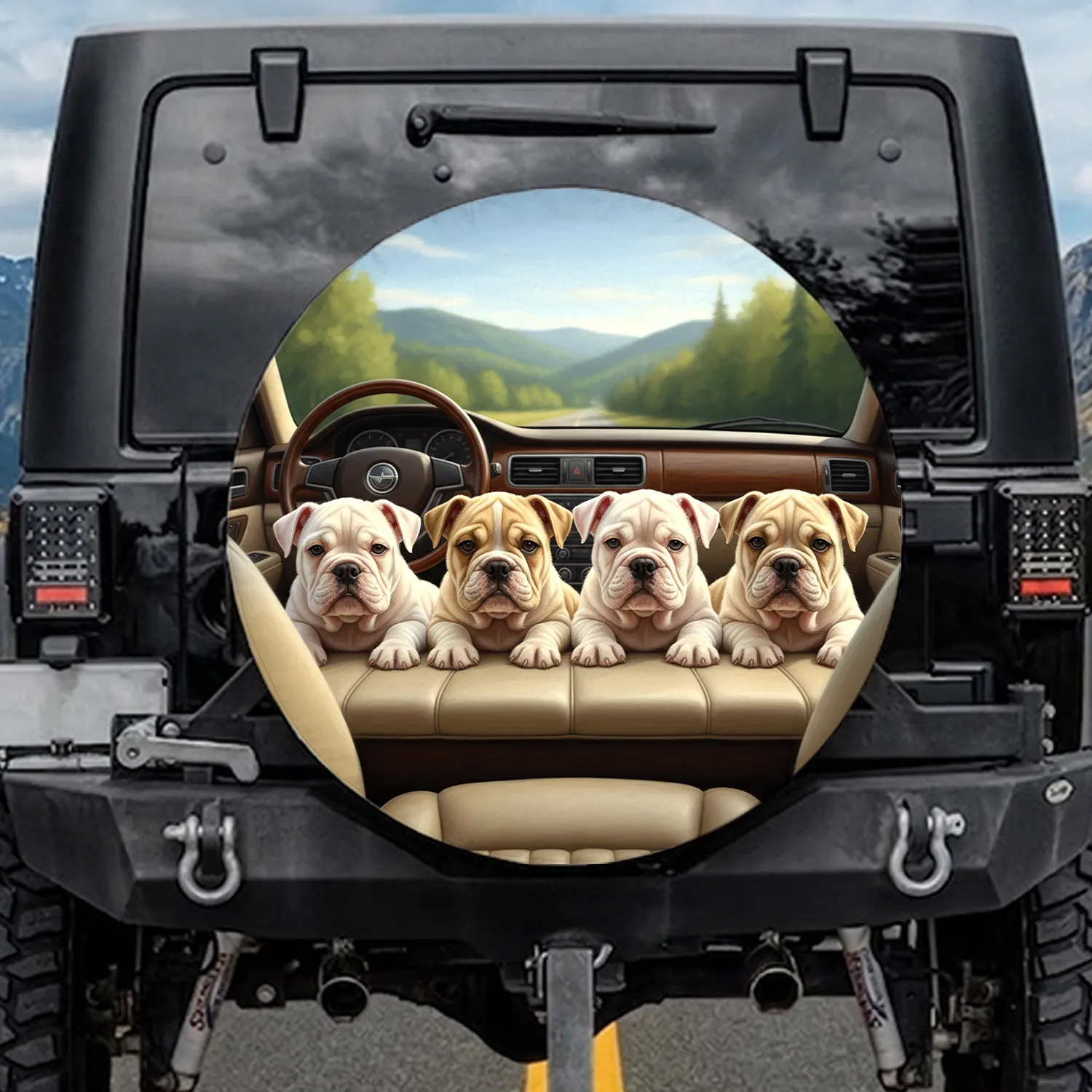 English Bulldog Puppies Sunlit Car Interior Road Trip - Dog Lover Gift Spare Tire Cover - 1