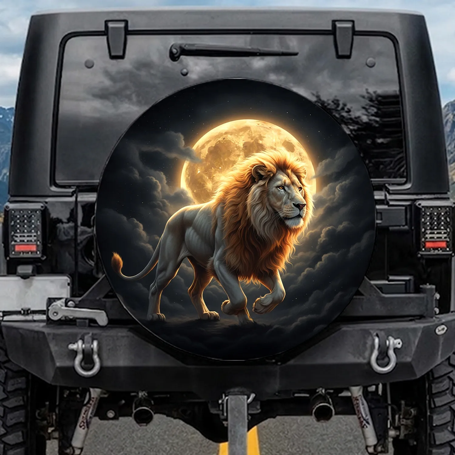 White Lion Golden Mane Golden Moon Twilight Sky Scene - Wildlife Lover Gift for Safari Enthusiasts Spare Tire Cover - 1