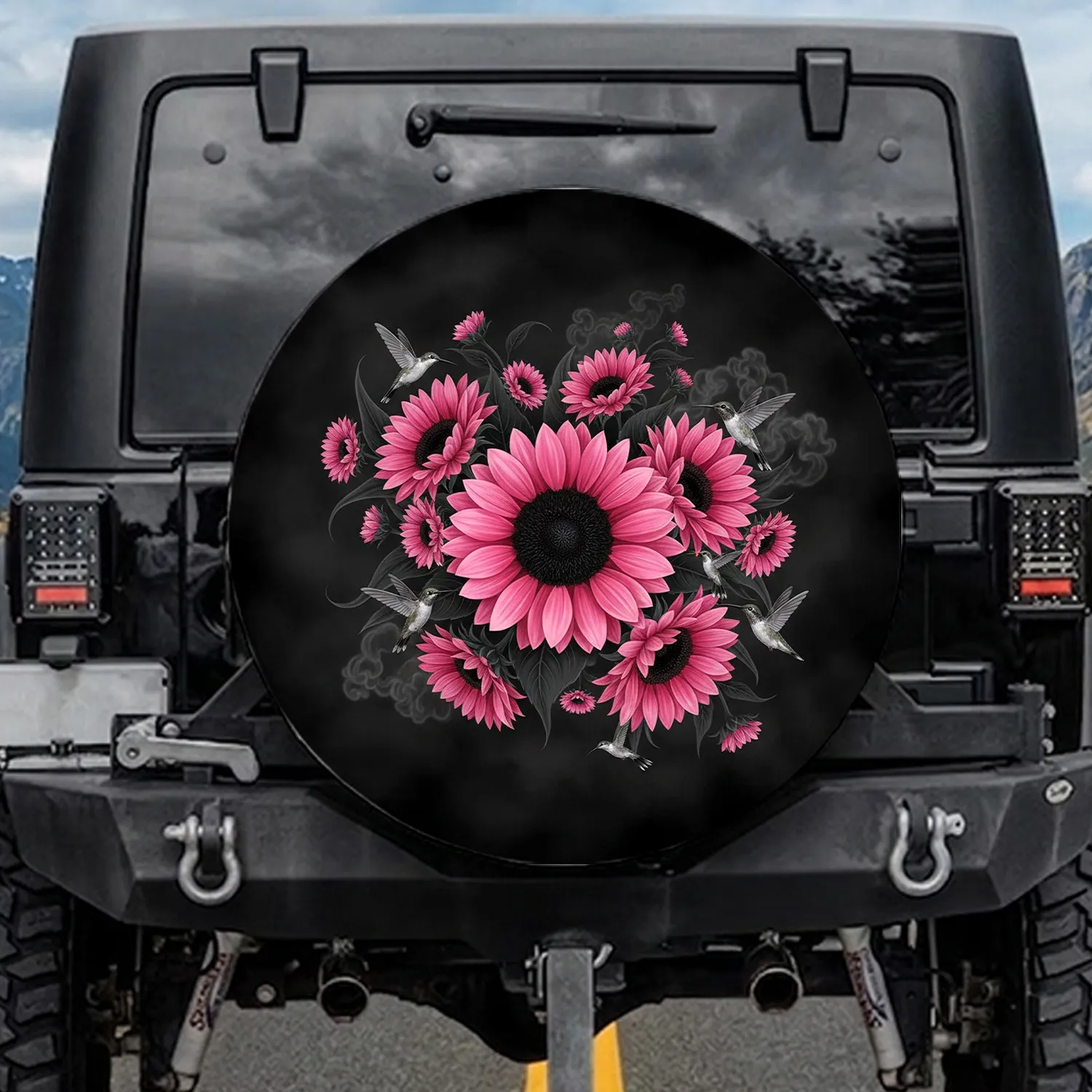 Pink Sunflowers Pink Flowers White Hummingbirds Dark Smoke Clouds - Nature Lover Home Decor Gift Spare Tire Cover - 1
