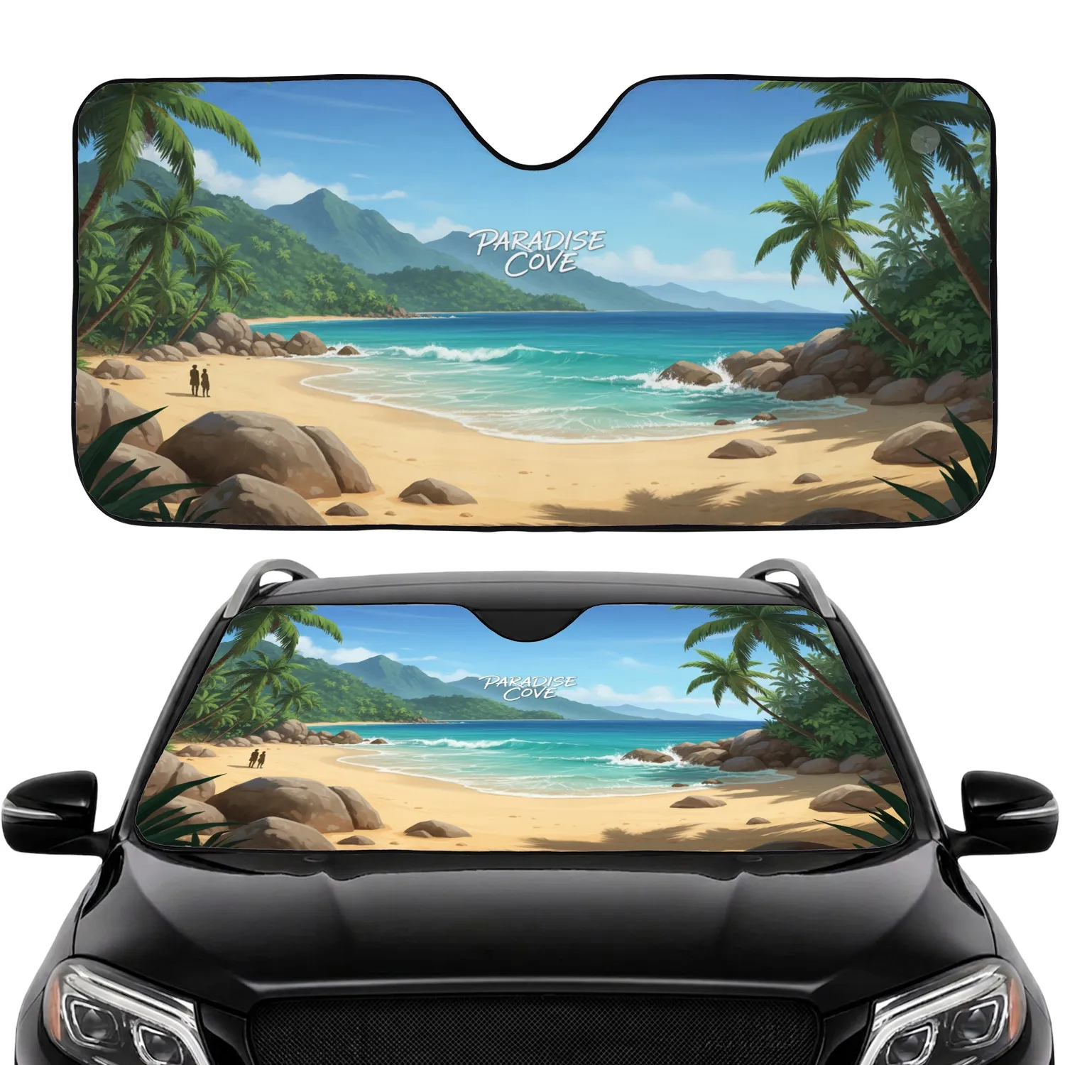 Pristine Tropical Beach Azure Ocean Golden Sand Palm Trees Mountains - Travel Essentials Car Sunshade - 1