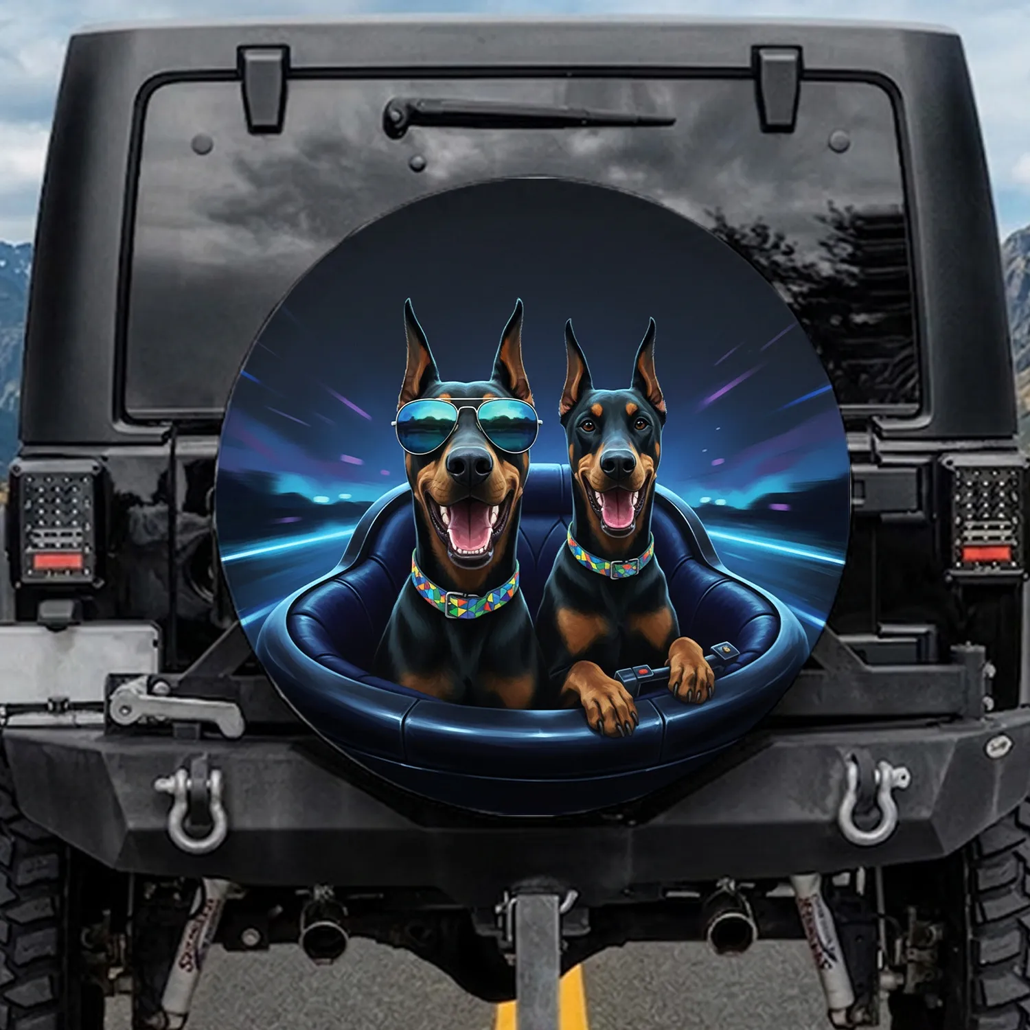Doberman Dogs Aviator Sunglasses Night Journey - Dog Lover Travel Gift Spare Tire Cover - 1