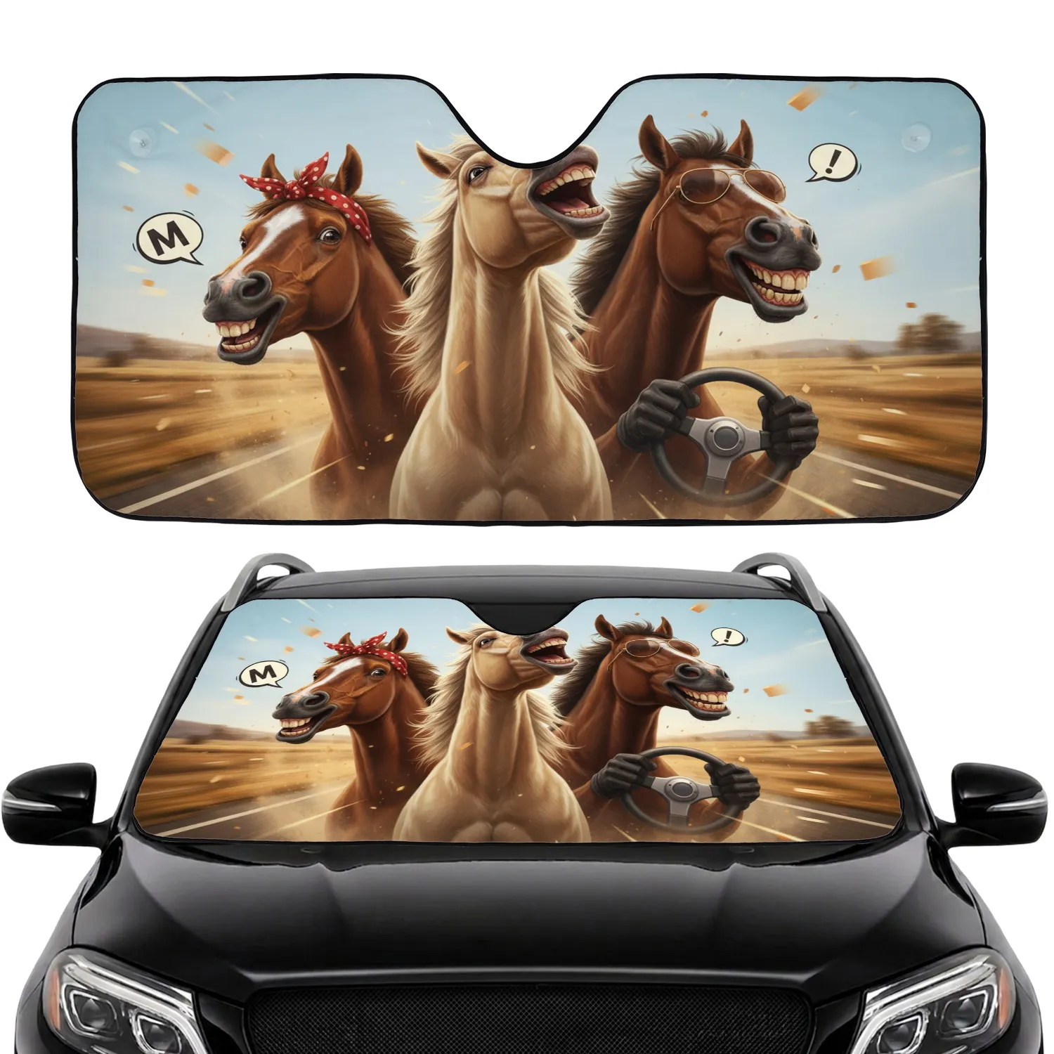 Three Funny Horse Drivers - Road Trip Adventure Gift for Horse Lovers Car Sunshade - 1