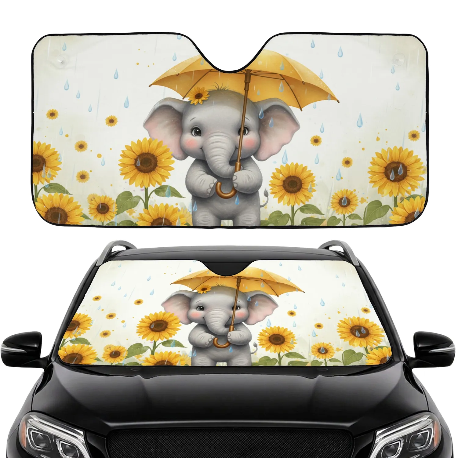 Gray Baby Elephant Golden Umbrella Sunflowers Raindrops - Wildlife Lover Car Accessory Car Sunshade - 1