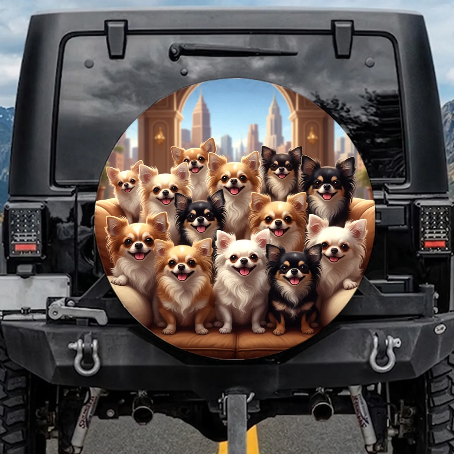 Diverse Cheerful Long Haired Chihuahuas City Skyline - Home Decor Gift for Dog Lover Spare Tire Cover - 1