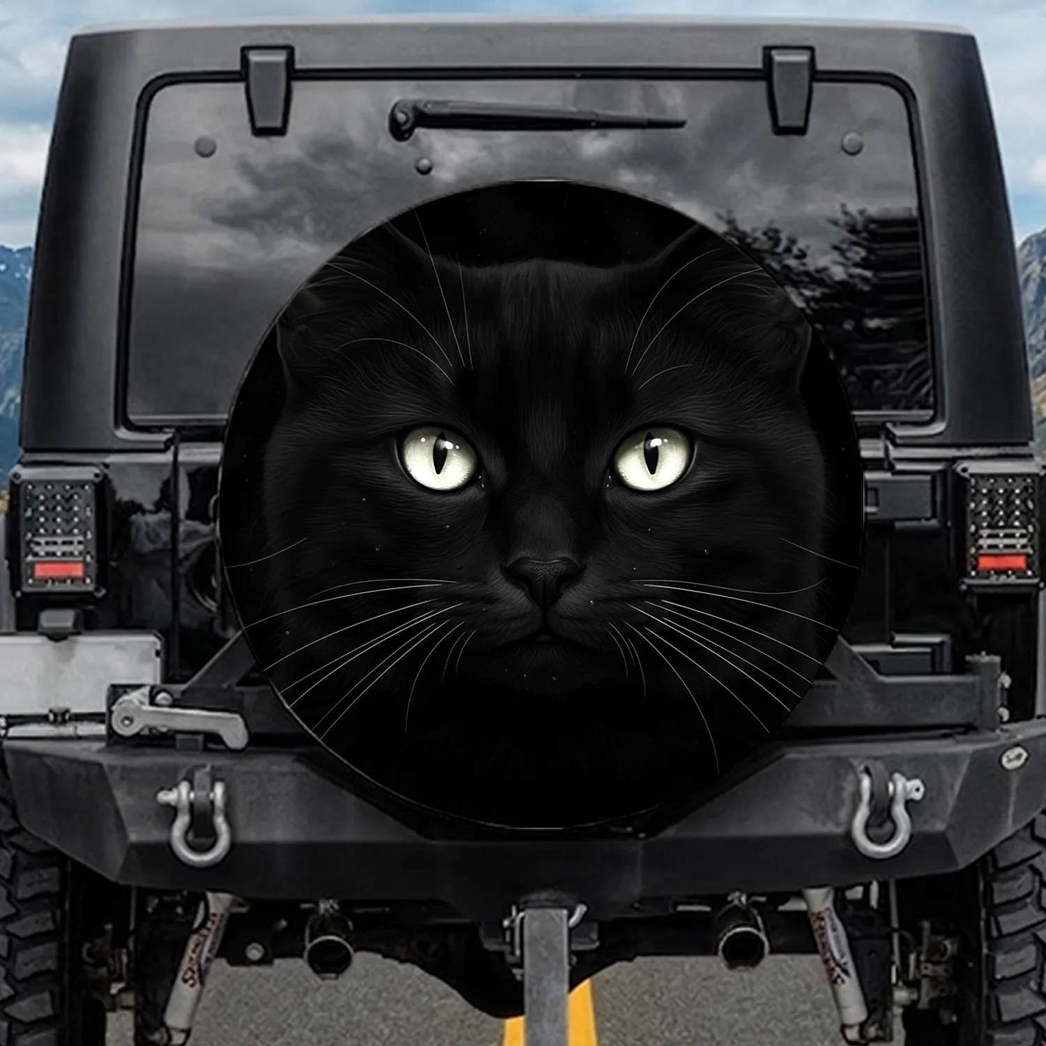 Black Cat Luminous Eyes Textured Fur - Cat Lover Gift Spare Tire Cover - 1