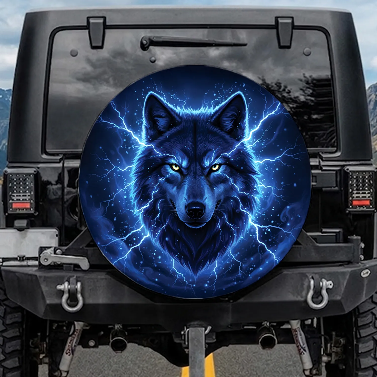 Wolf Head Jagged Lightning Smoke Wisps Nocturnal Sky - Wildlife Lover Gift Spare Tire Cover - 1