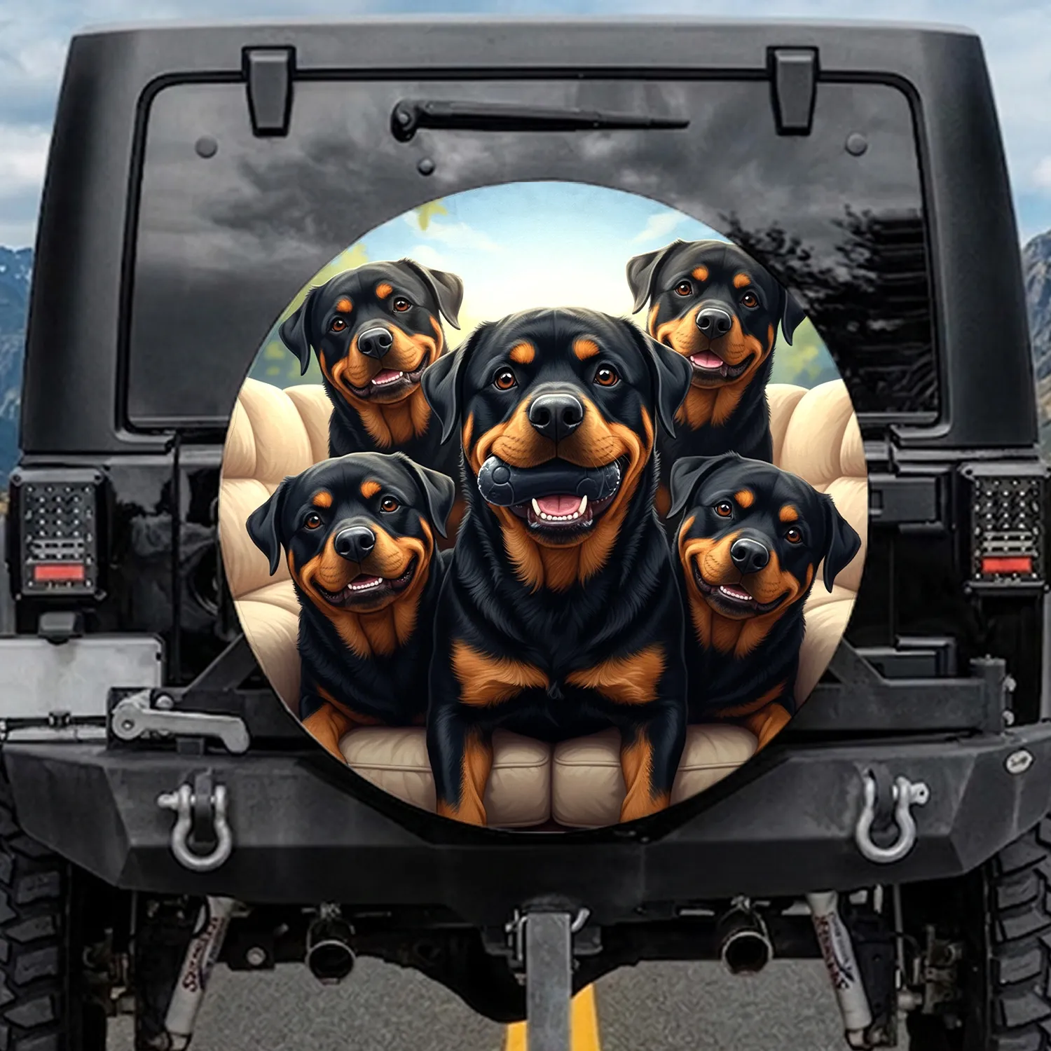 Energetic Rottweiler Dogs Playfully Biting Toy - Humorous Dog Lover Adventure Life Gift Spare Tire Cover - 1