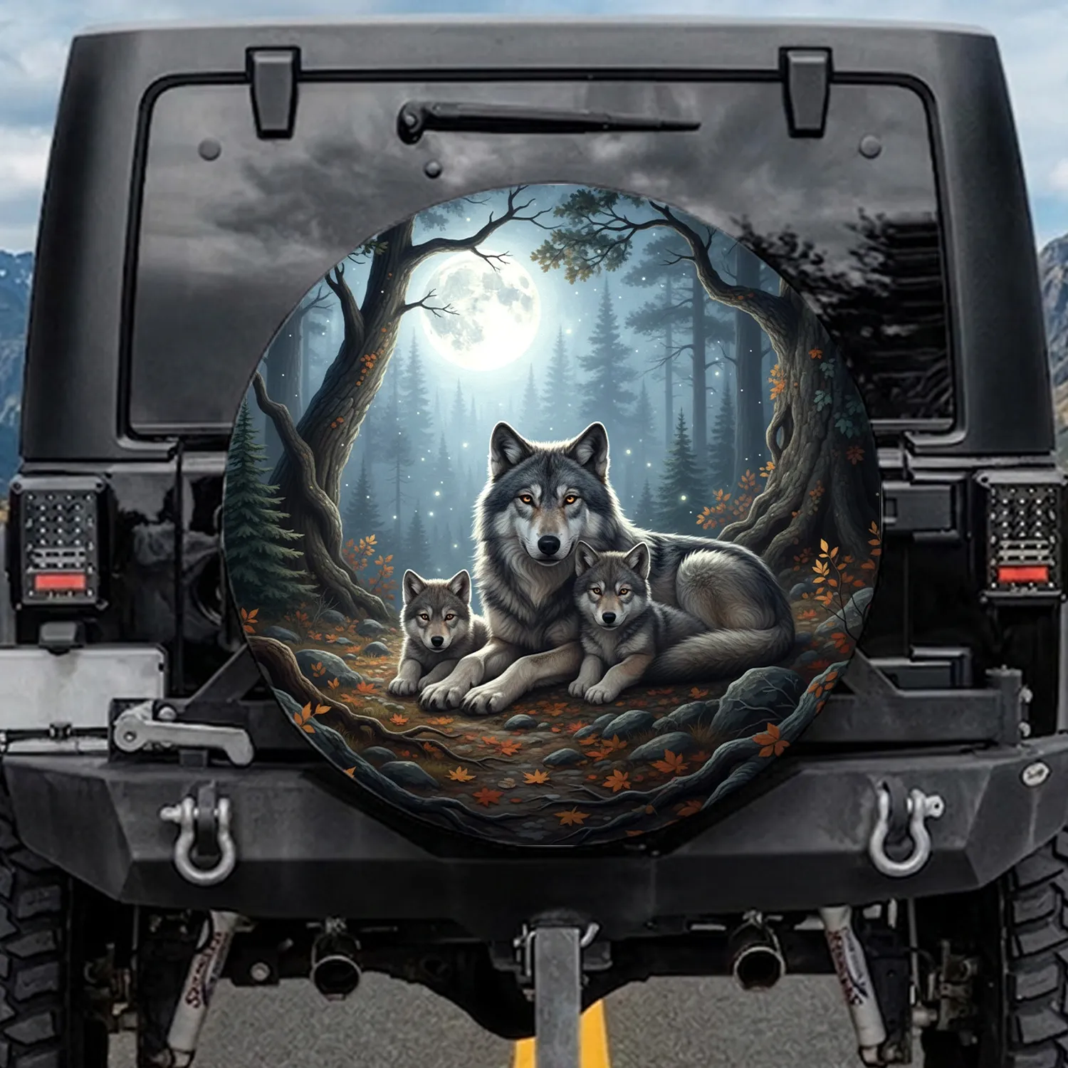 Majestic Grey Wolf Pups Moonlit Forest - Wildlife Lover Gift Spare Tire Cover - 1