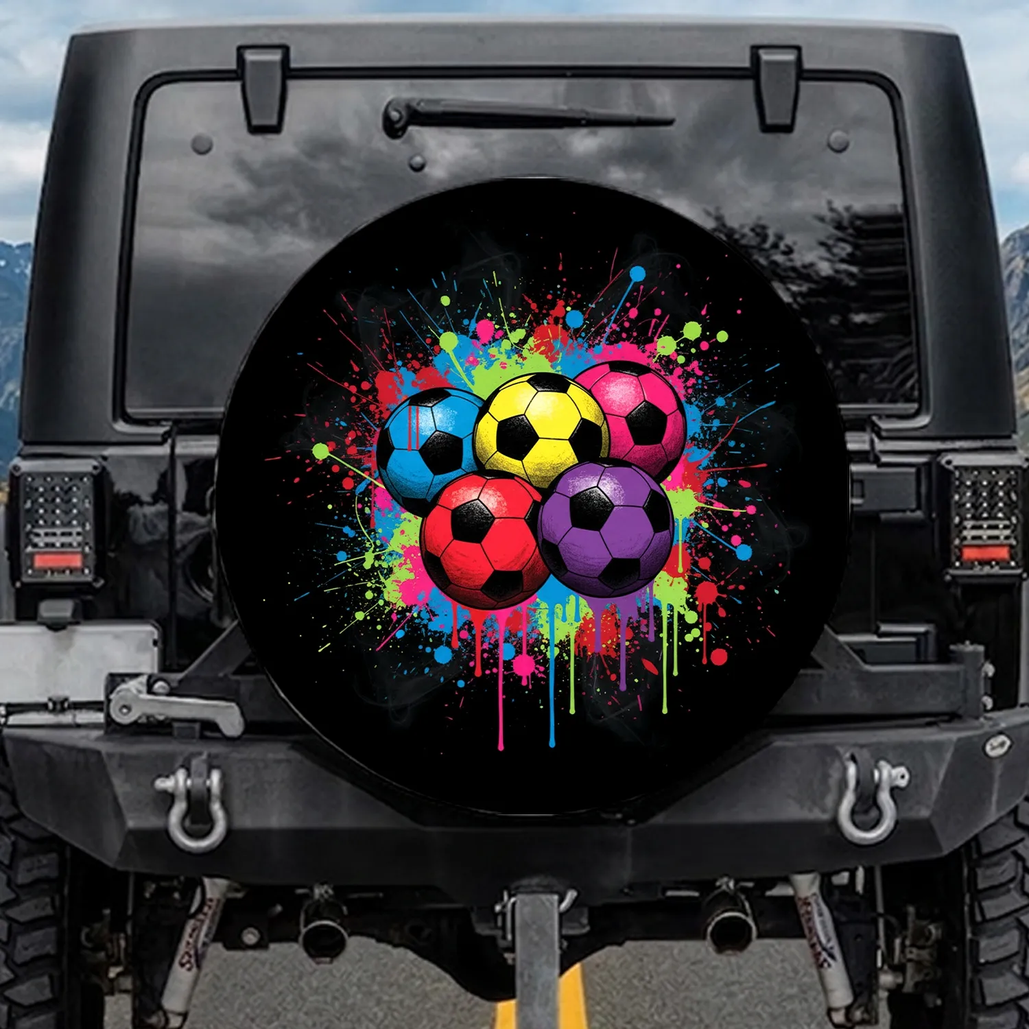 Grunge Splatter Soccer Balls - Sports Fan Gift for Game Day Spare Tire Cover - 1
