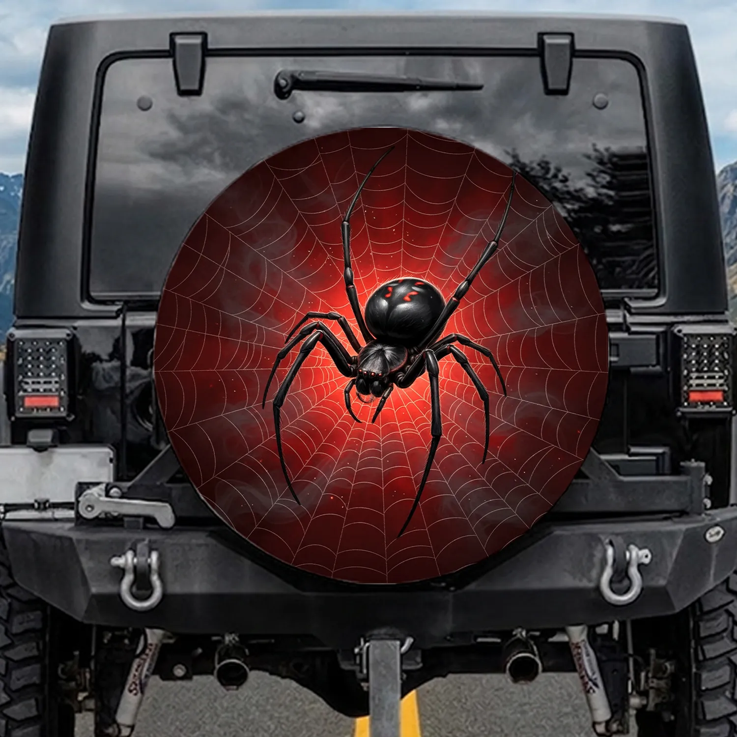 Black Widow Spider Web Crimson Red Background Smoky Mist - Halloween Decor Gift Spare Tire Cover - 1