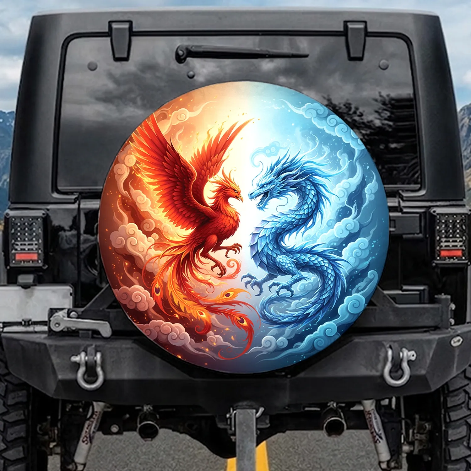 Fiery Phoenix Ice Dragon Yin Yang Emblem - Mythology Lover Decor Gift Spare Tire Cover - 1
