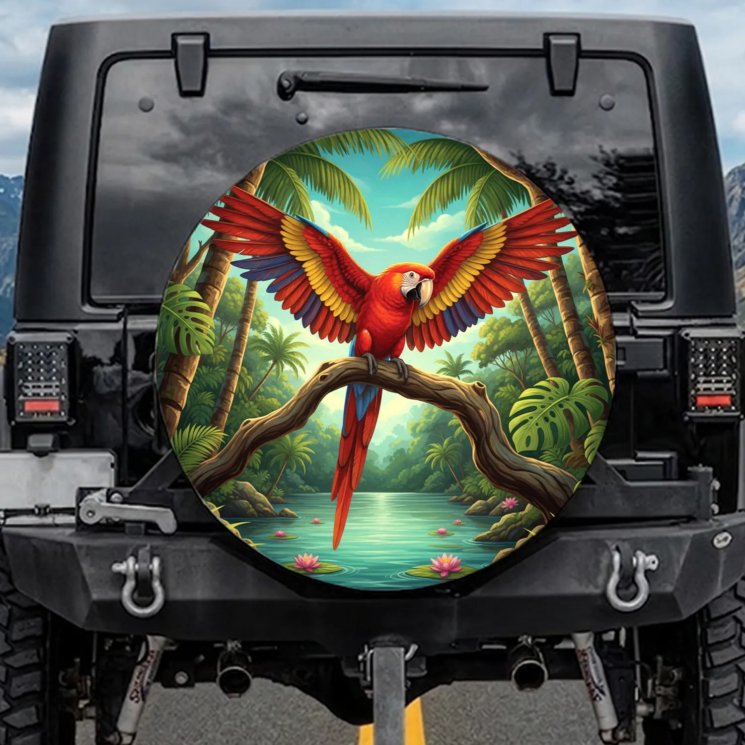 Scarlet Macaw Parrot Palm Tree Water Lilies - Tropical Rainforest Wildlife Gift Spare Tire Cover - 1