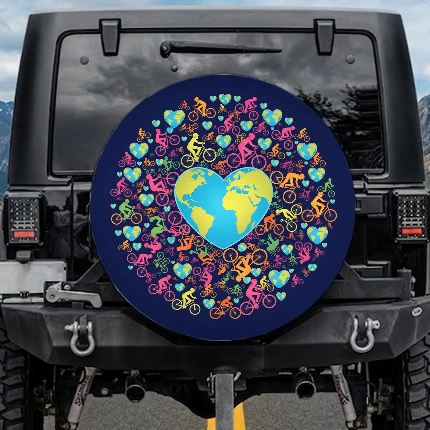Bicycles Heart Earths Group Ride - Global Cycling Lifestyle Gift Spare Tire Cover - 1