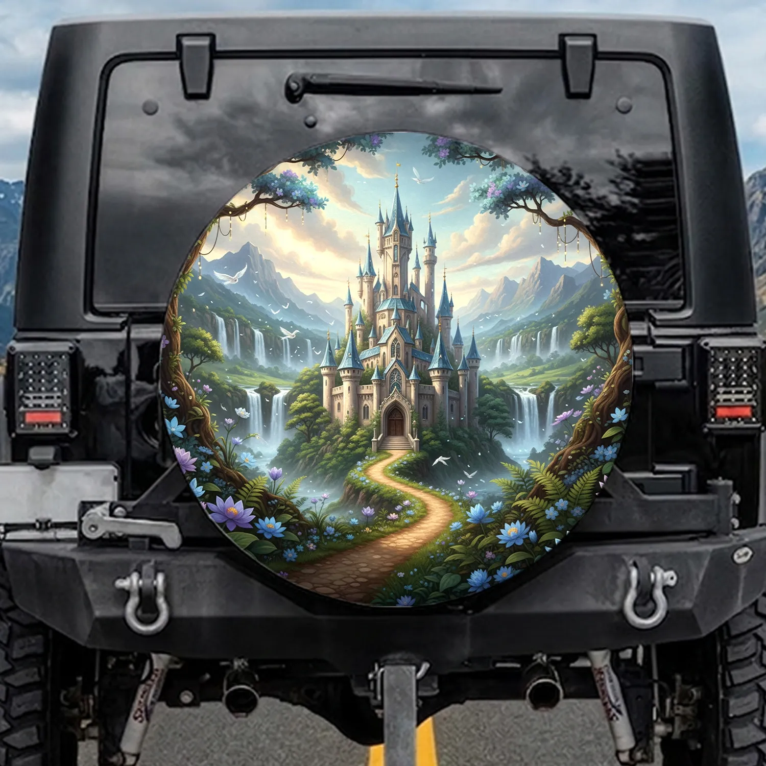 Fantasy Castle Verdant Valley Bioluminescent Flowers Fairies Waterfalls Decor Gift Spare Tire Cover - 1