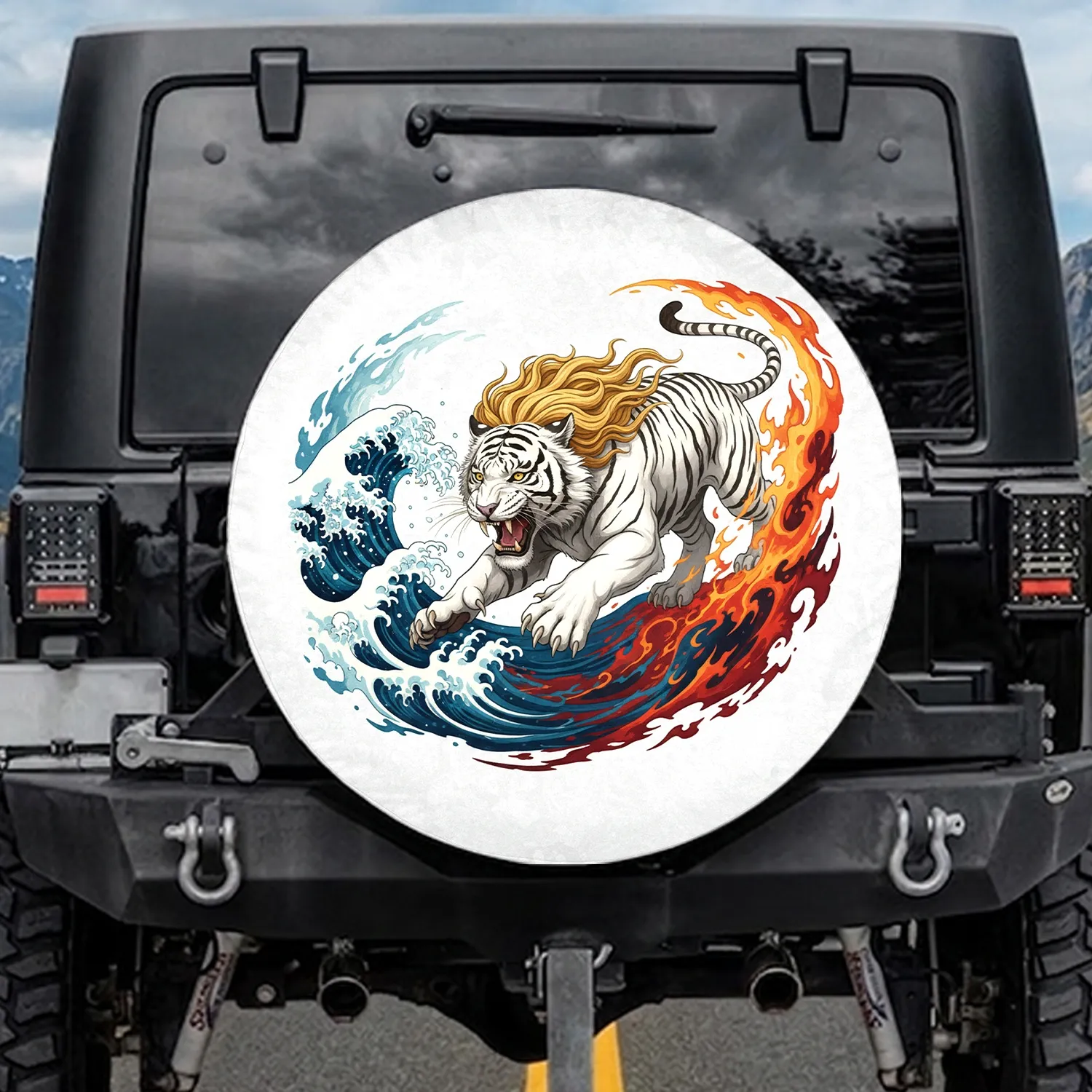 Roaring White Tiger Golden Mane Japanese Waves Fire - Wildlife Lover Gift Spare Tire Cover - 1
