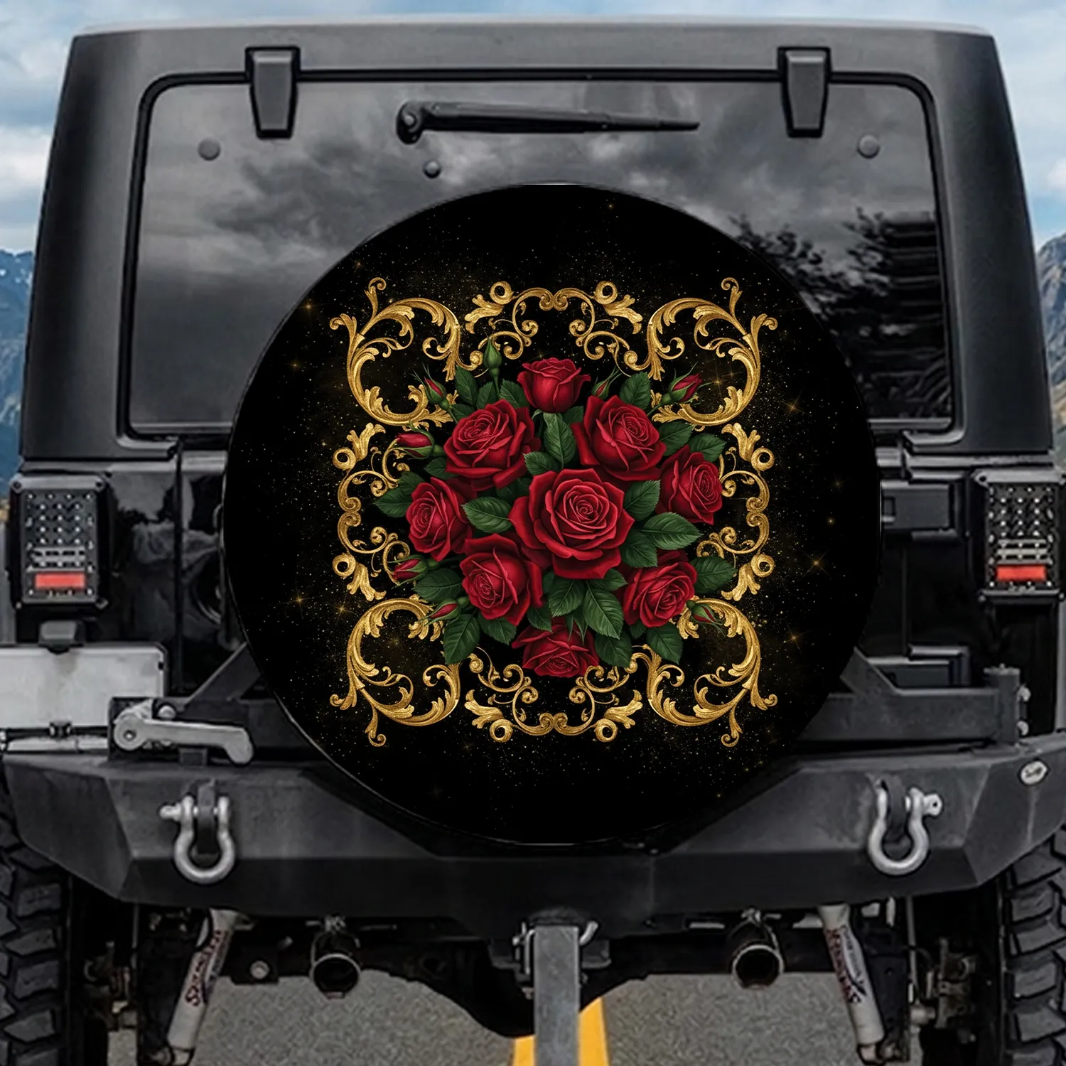 Lush Blooming Roses Rosebuds Foliage Golden Baroque Scrollwork Accents Spare Tire Cover - 1