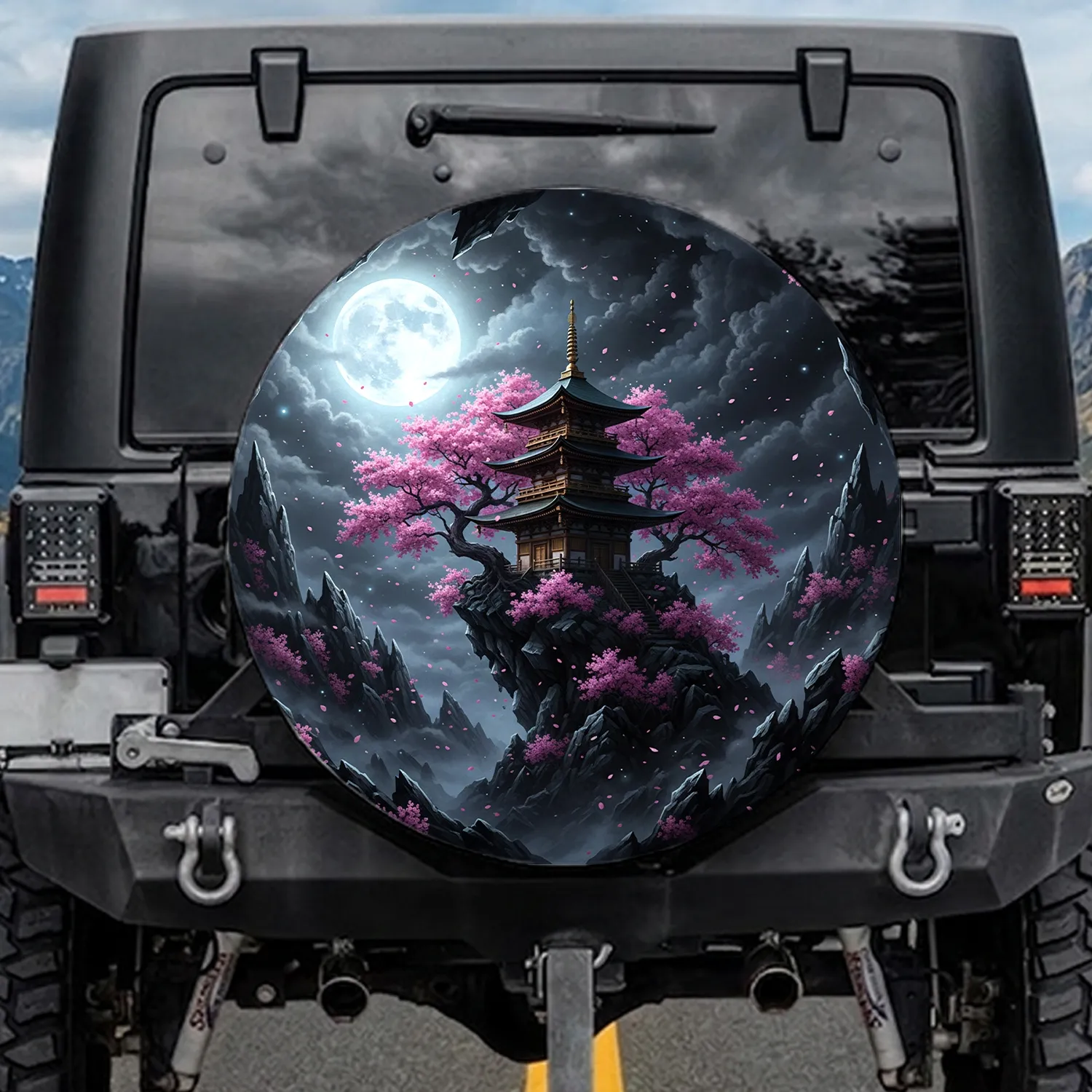 Japanese Pagoda Cherry Blossom Moon Cliff - Ethereal Night Decor Gift Spare Tire Cover - 1