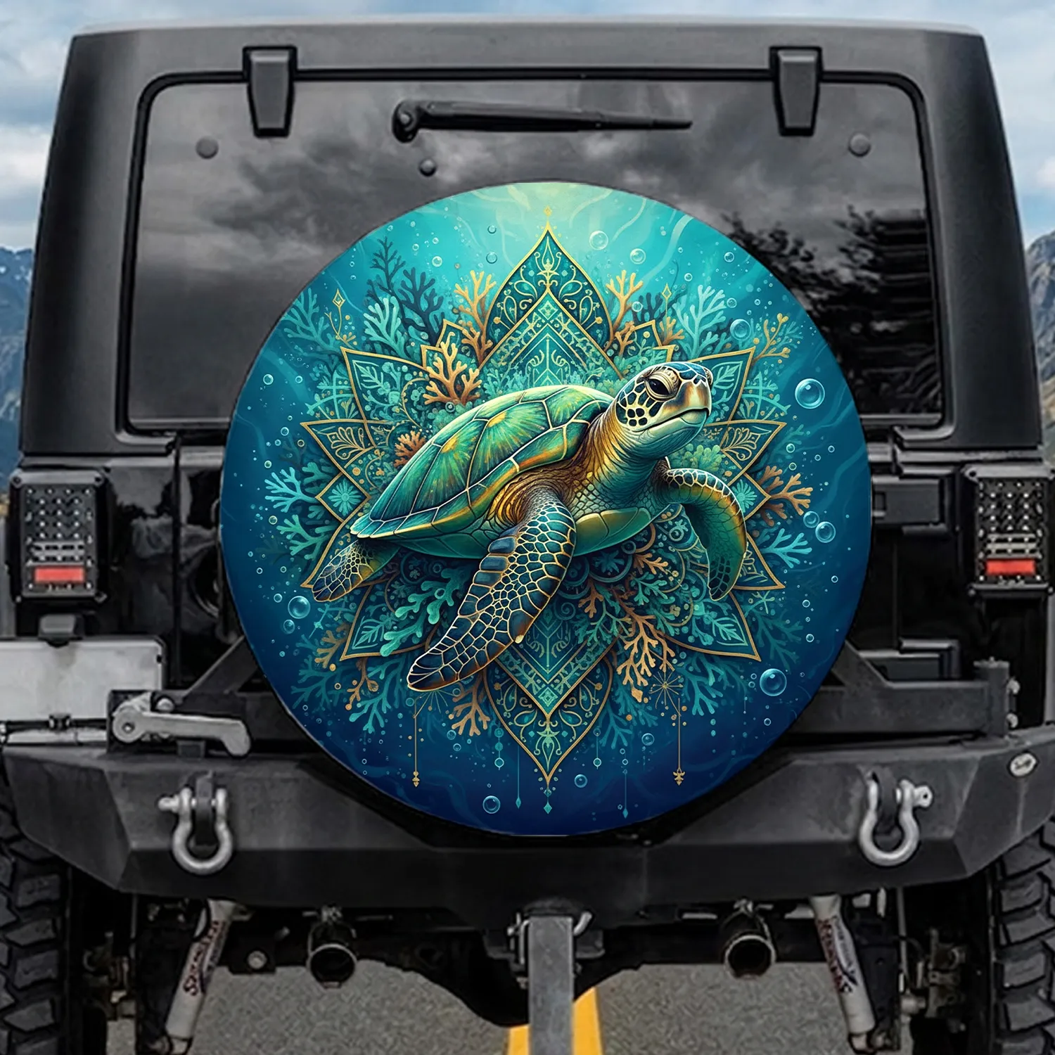Sea Turtle Geometric Coral Ancient Compass Rose Ocean Lover Gift Spare Tire Cover - 1