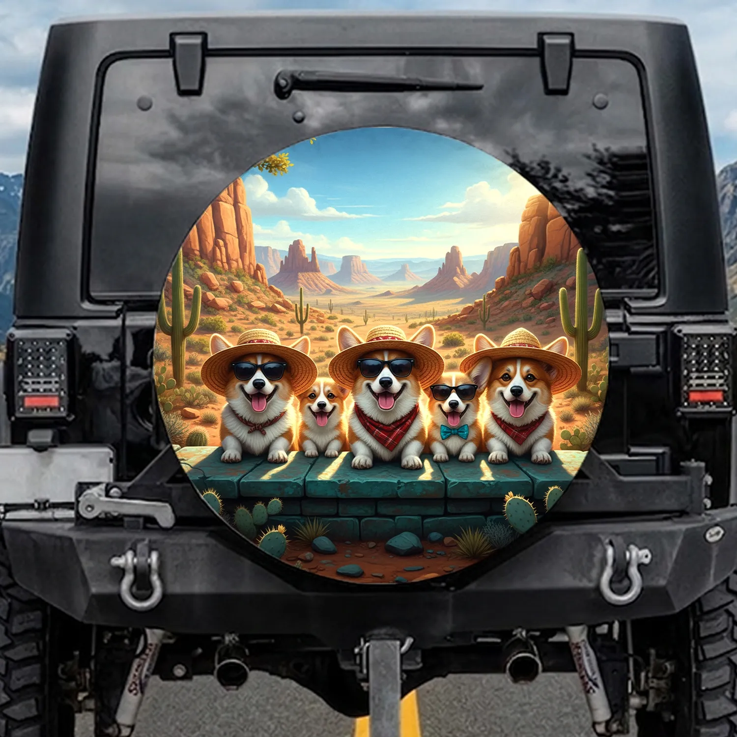 Corgi Dogs Straw Hat Sunglasses Desert Canyon - Corgi Lover Adventure Gift Spare Tire Cover - 1