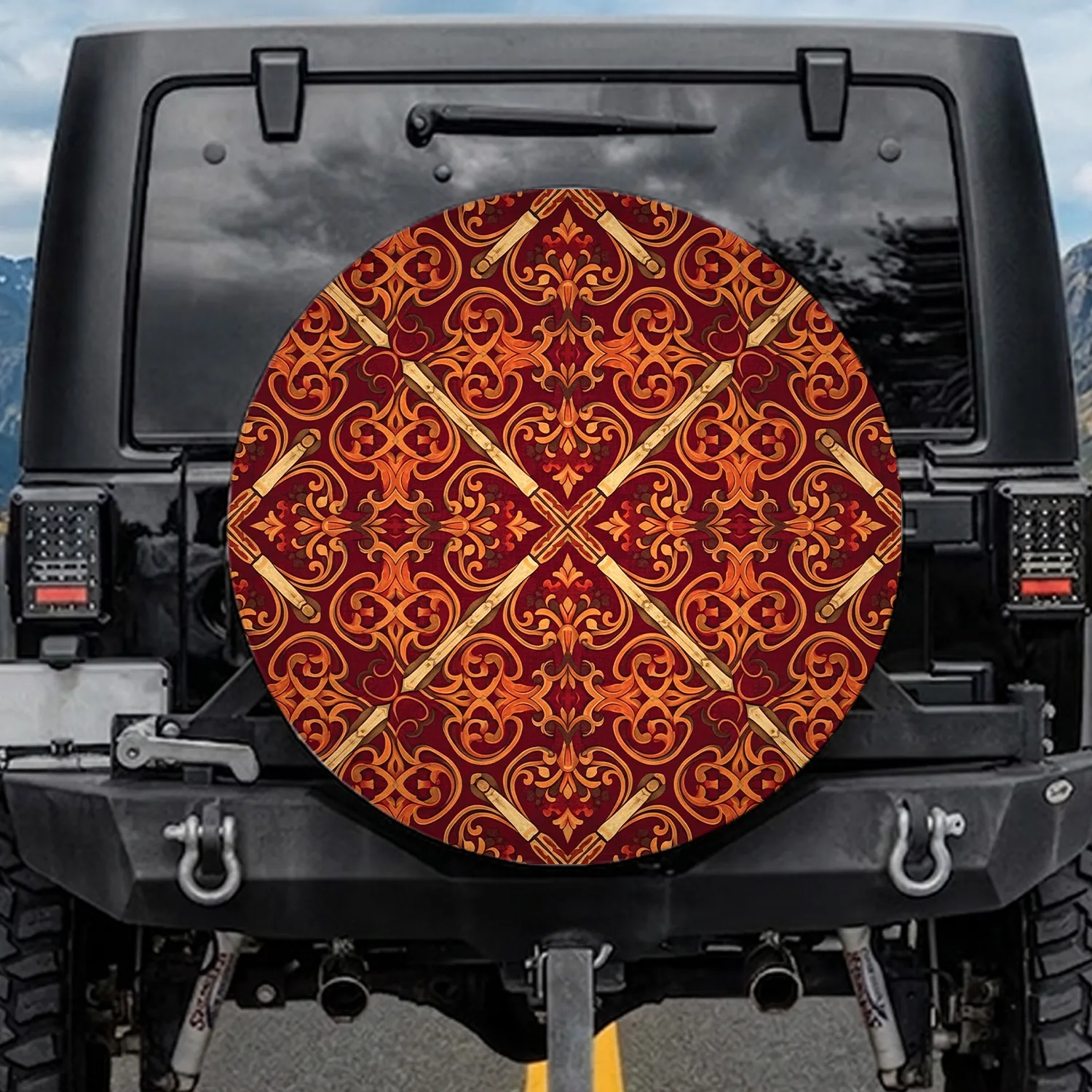 Damask Tapestry Arabesque Floral Leaf Diamond Scroll Spare Tire Cover - 1