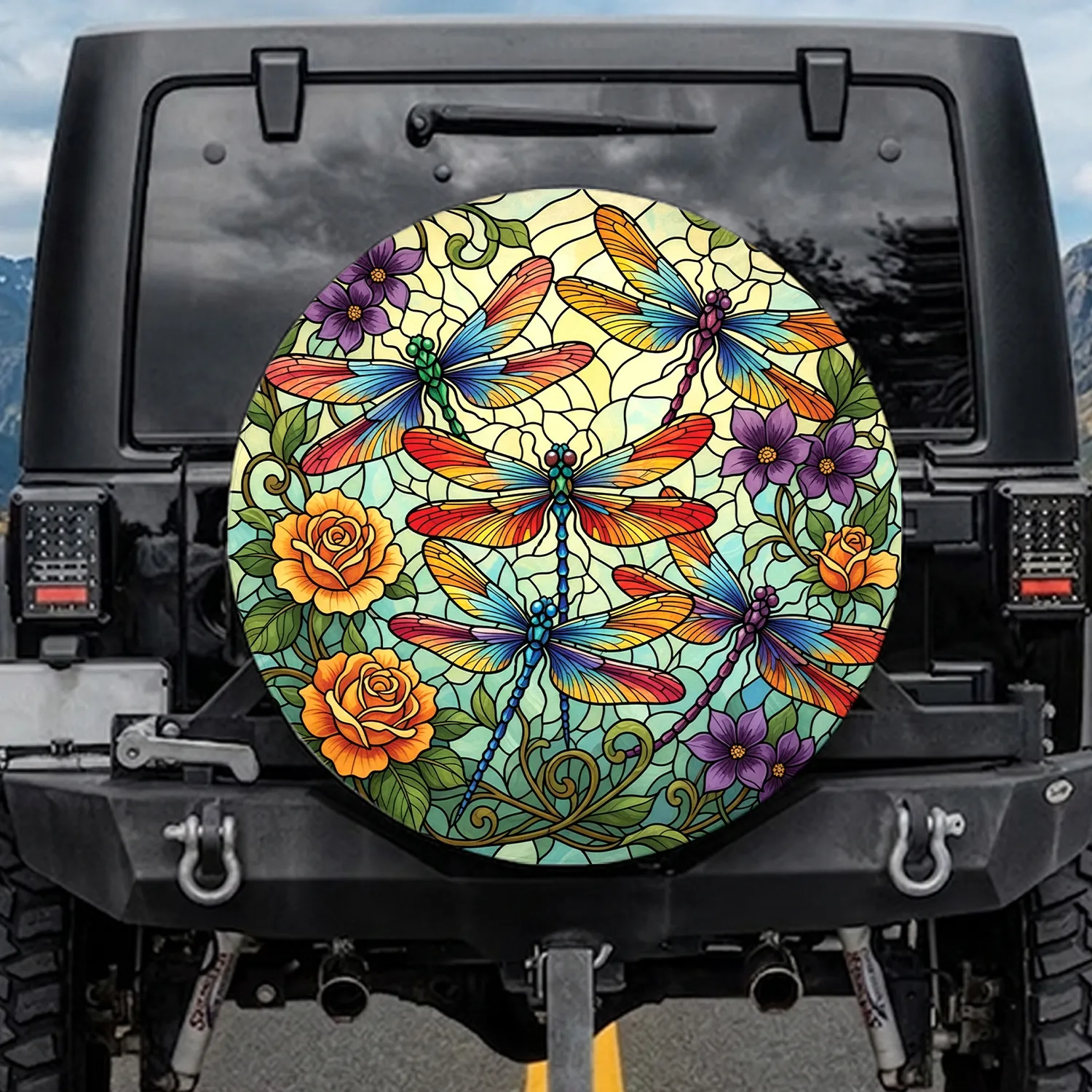 Dragonflies Roses Lush Flowers Foliage - Wildlife Lover Car Decor Gift Spare Tire Cover - 1