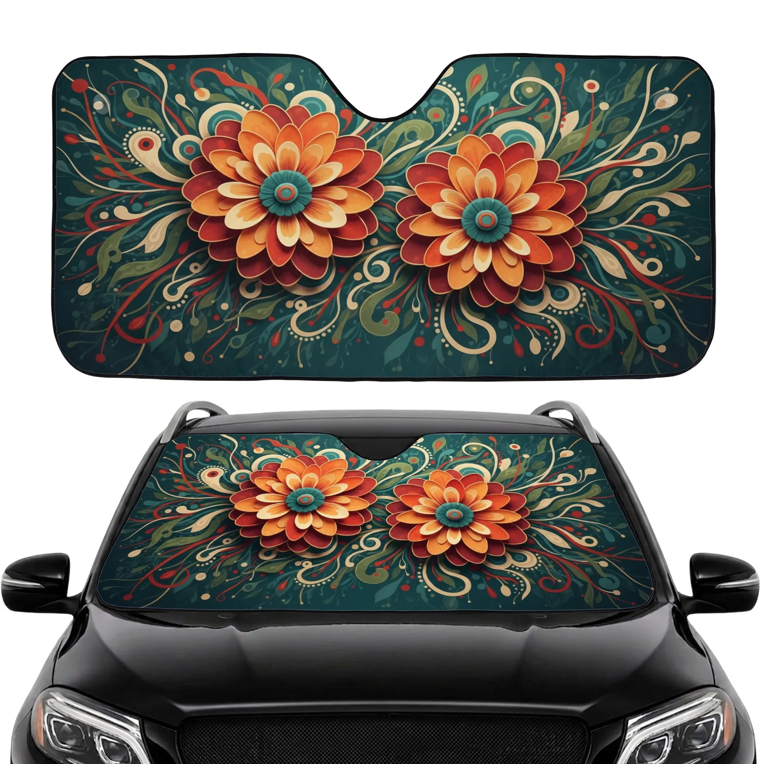 Psychedelic Floral Layered Concentric Petals Swirling Organic Lines Car Sunshade - 1