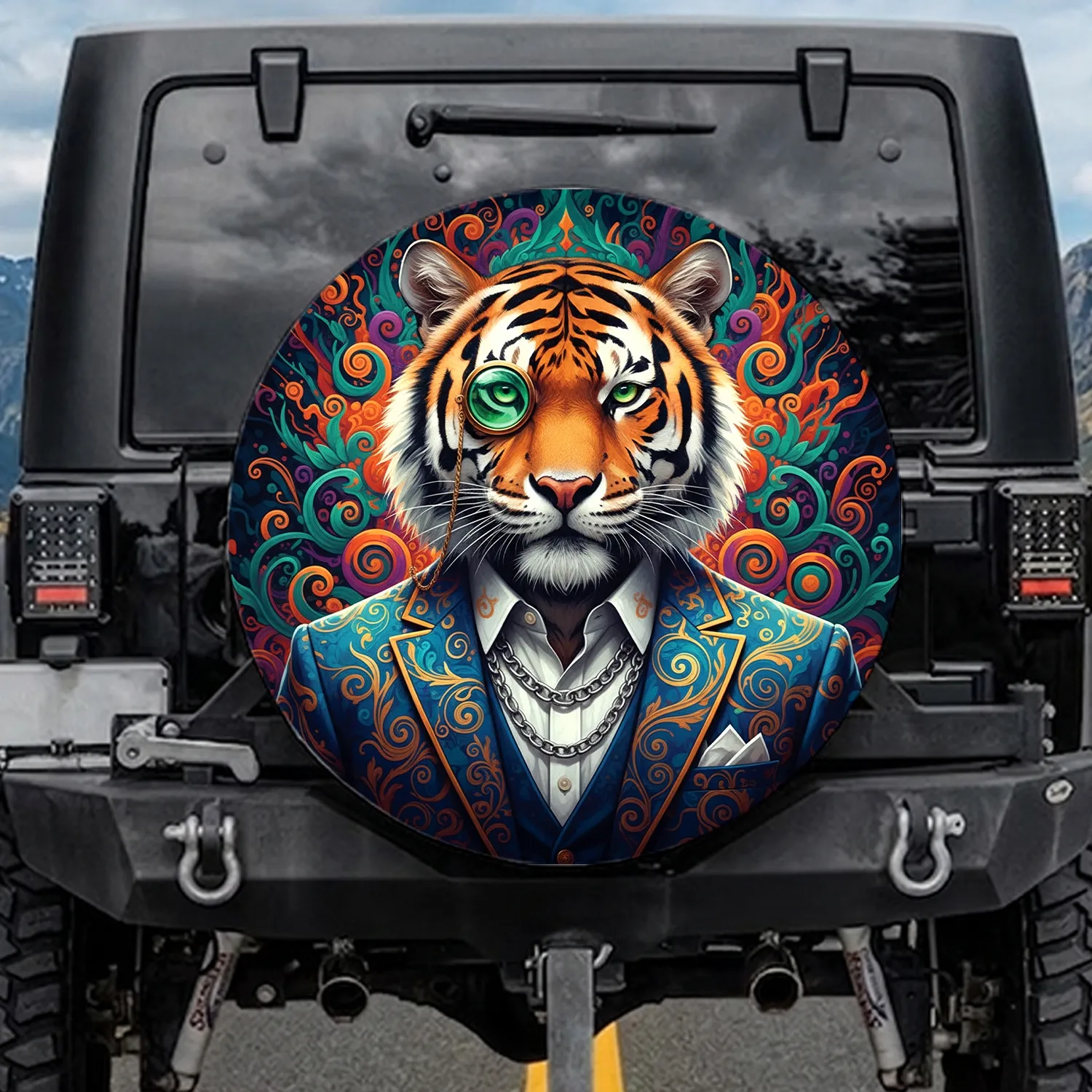 Majestic Tiger Emerald Monocle Royal Suit Crimson Swirls - Opulent Decor Gift Spare Tire Cover - 1