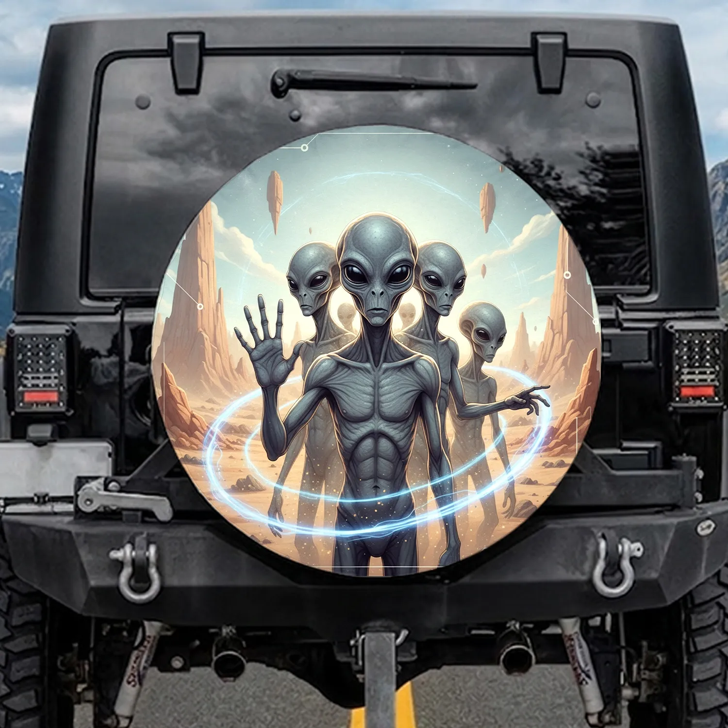 Five Grey Aliens Towering Rock Formations Cosmic Desert - Sci-Fi Lover Gift Spare Tire Cover - 1