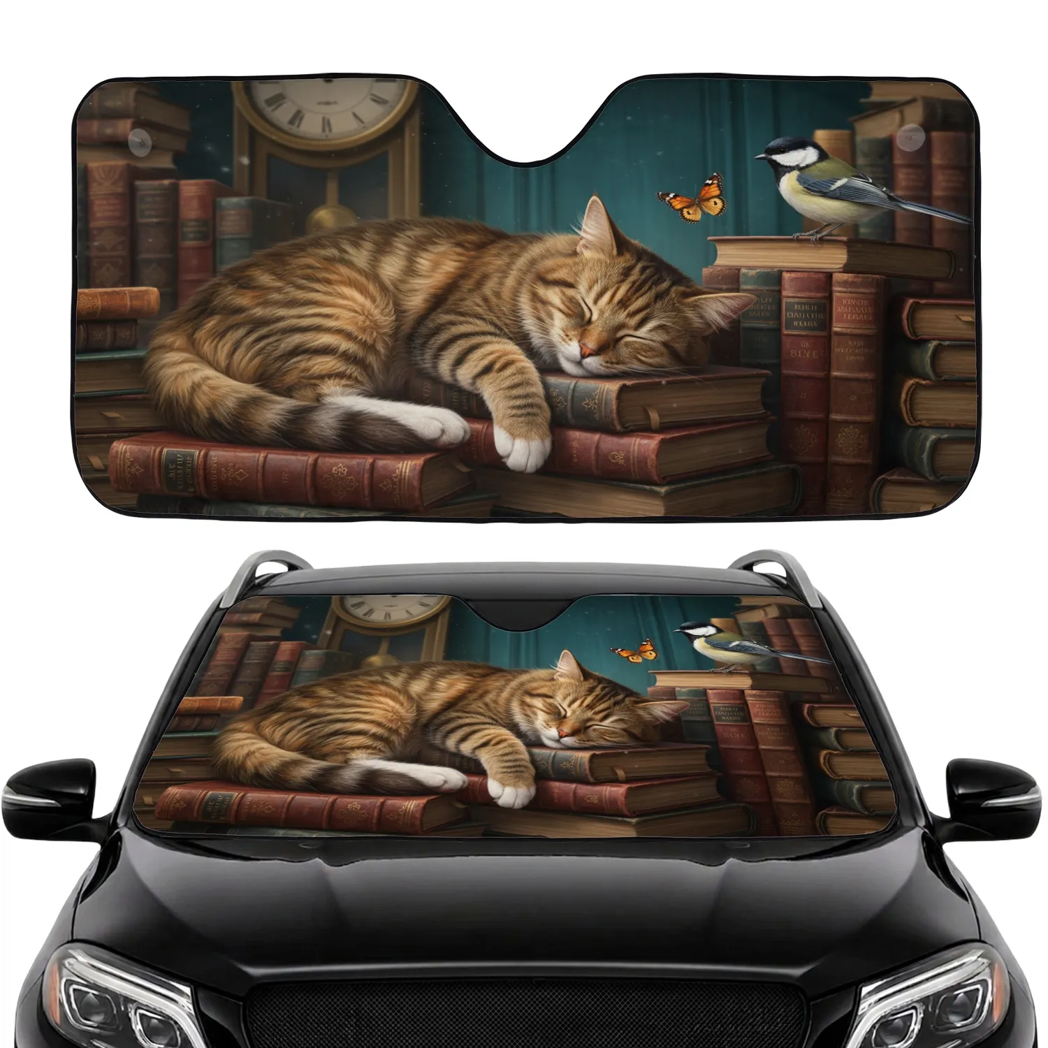 Sleeping Tabby Cat Library Books Dark Academia Decor for Book Lover Car Sunshade - 1